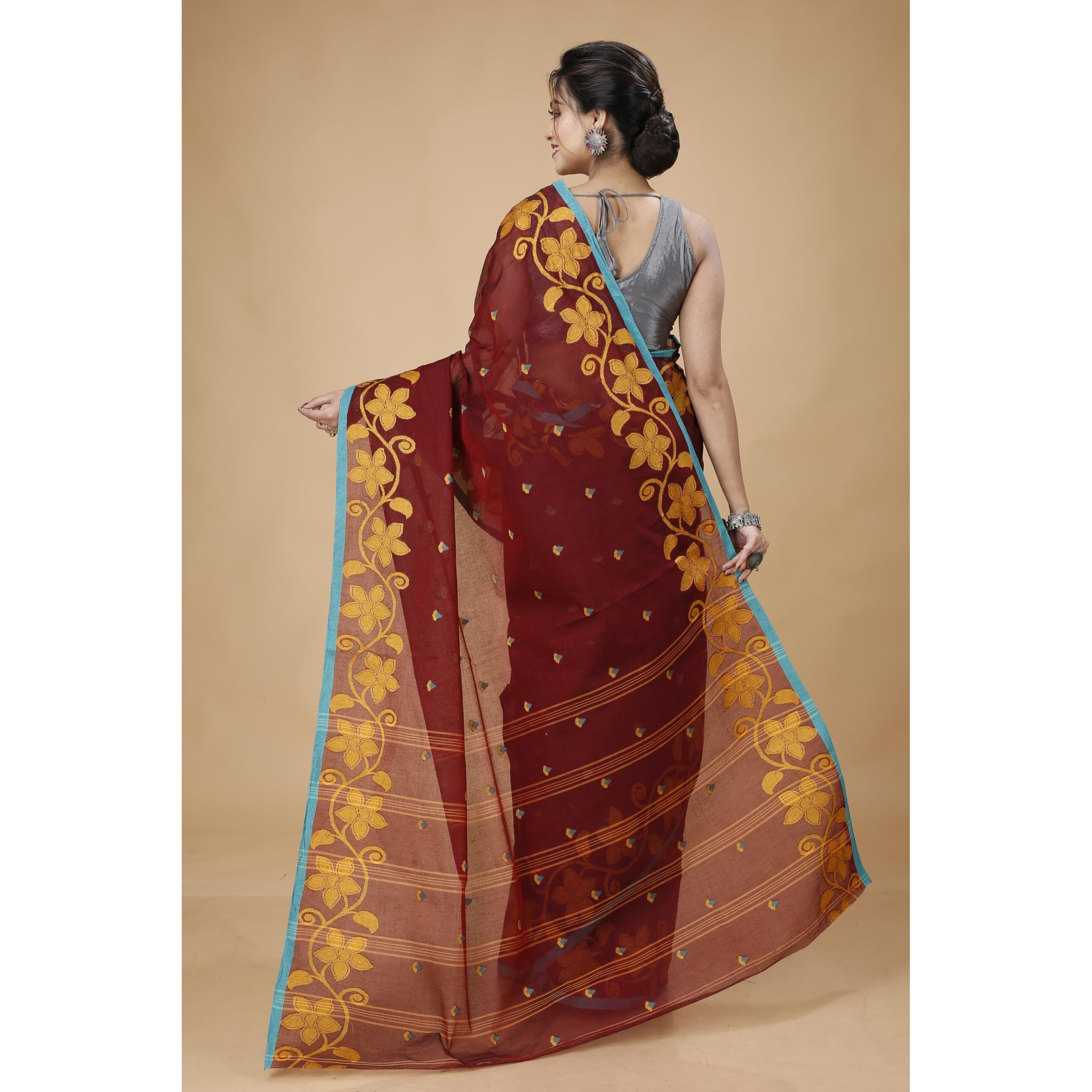 Tant Story Womens Traditional Bengal Tant Handloom Pure Cotton Tangail Saree without Blouse Piece (Rusted Maroon)