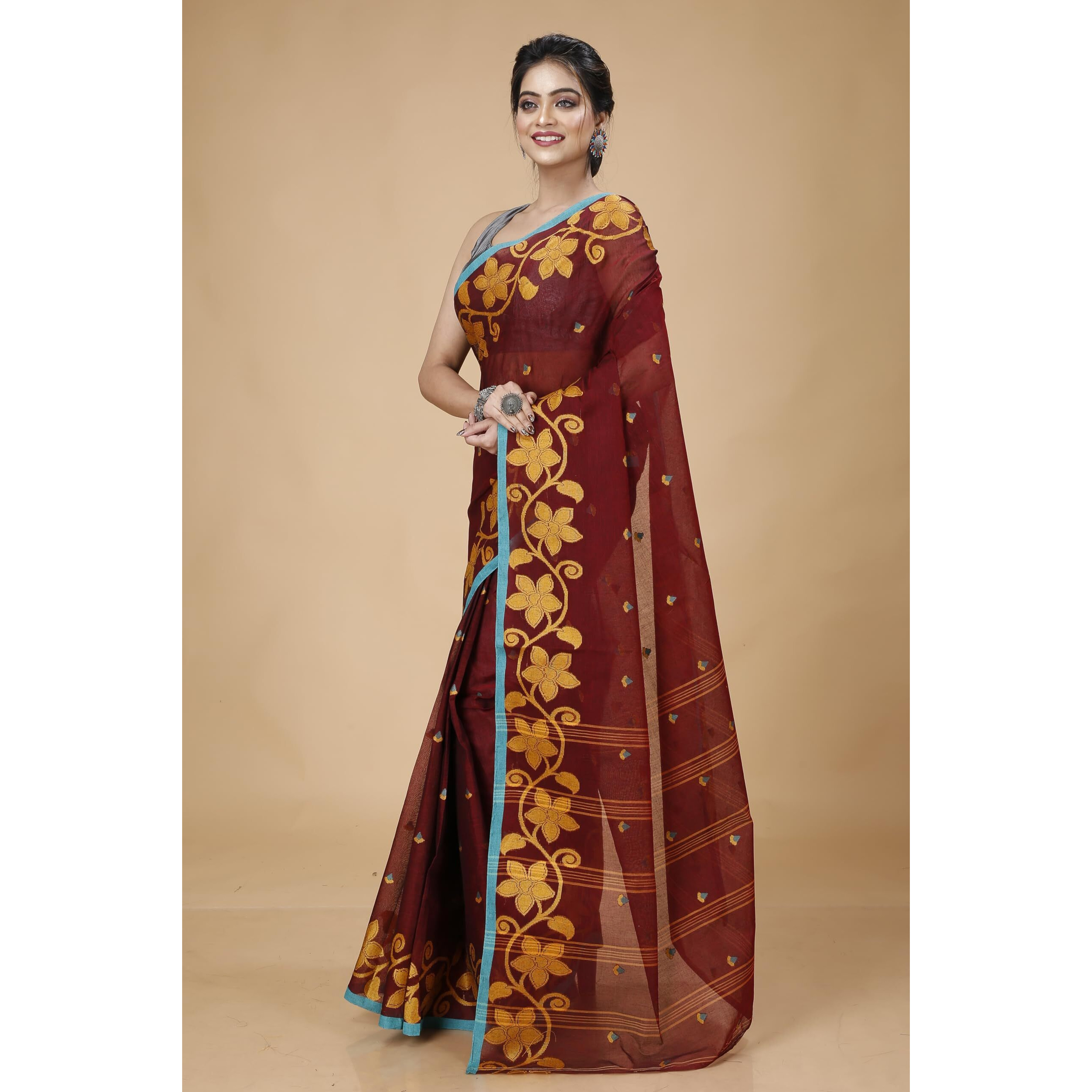 Tant Story Womens Traditional Bengal Tant Handloom Pure Cotton Tangail Saree without Blouse Piece (Rusted Maroon)