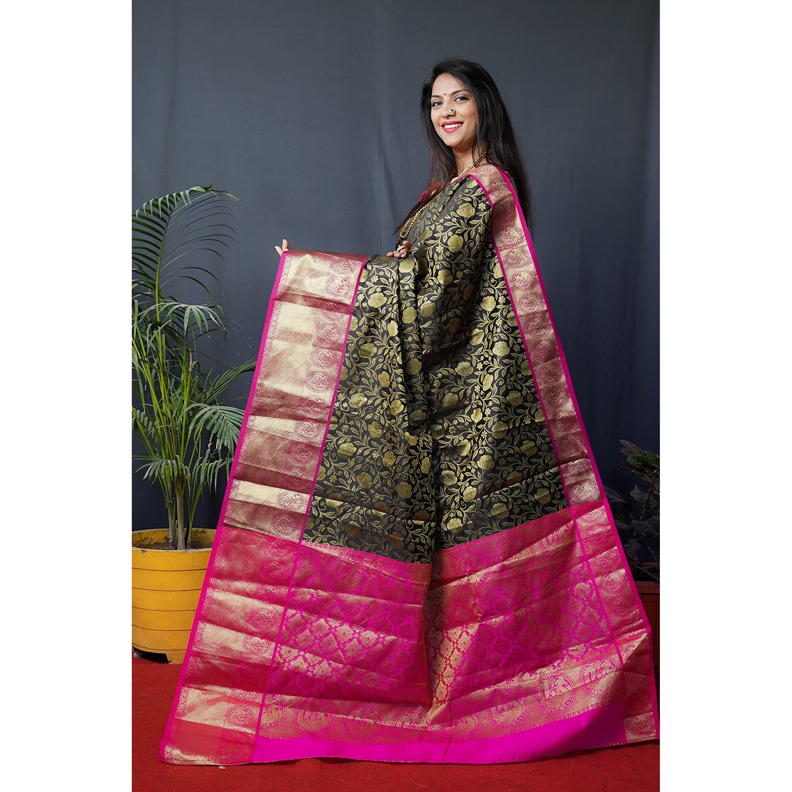 AMIRAT CLOTHING Banarsi Wedding And Designer Look Litchi Silk Saree With Unstiched Blouse Piece (Black)