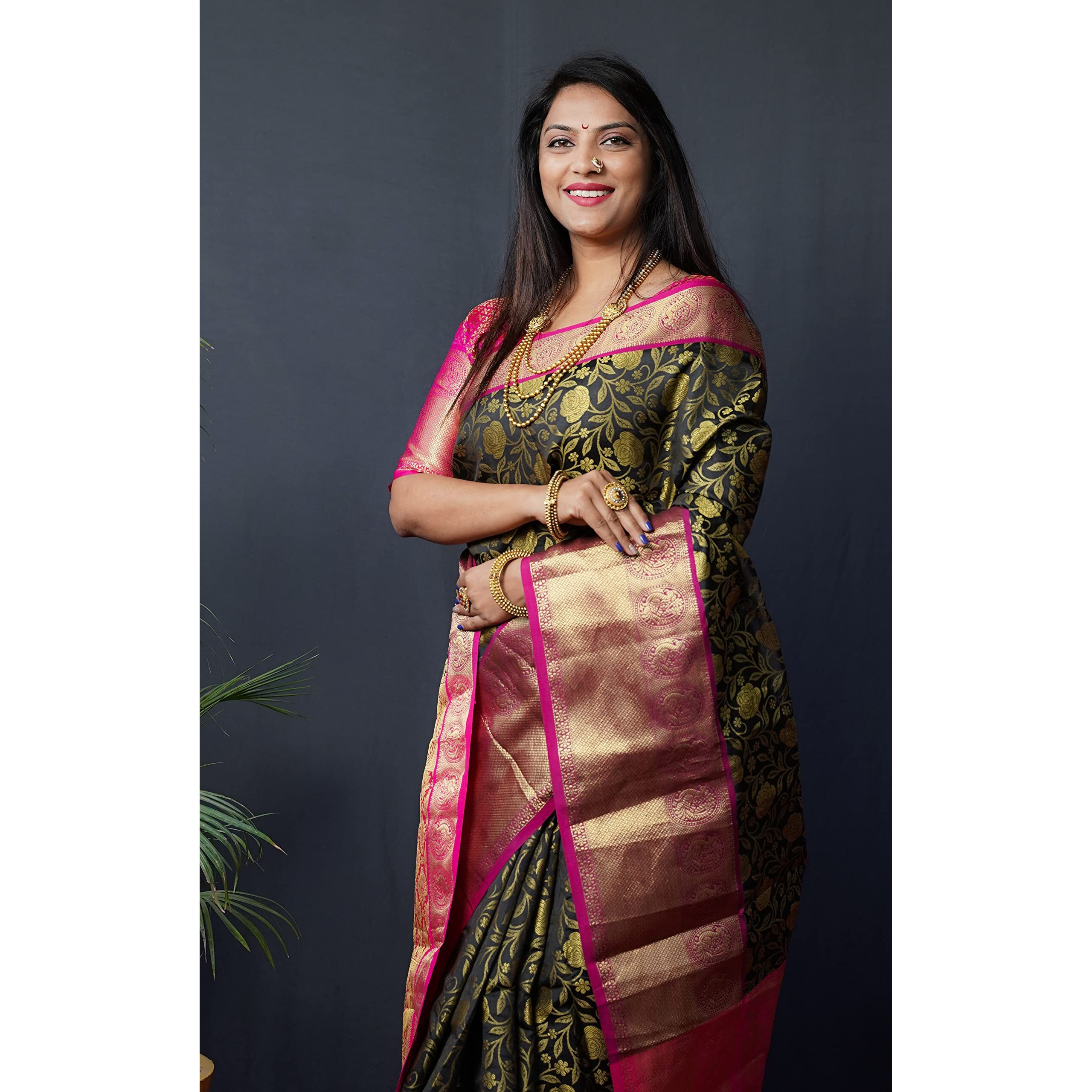 AMIRAT CLOTHING Banarsi Wedding And Designer Look Litchi Silk Saree With Unstiched Blouse Piece (Black)