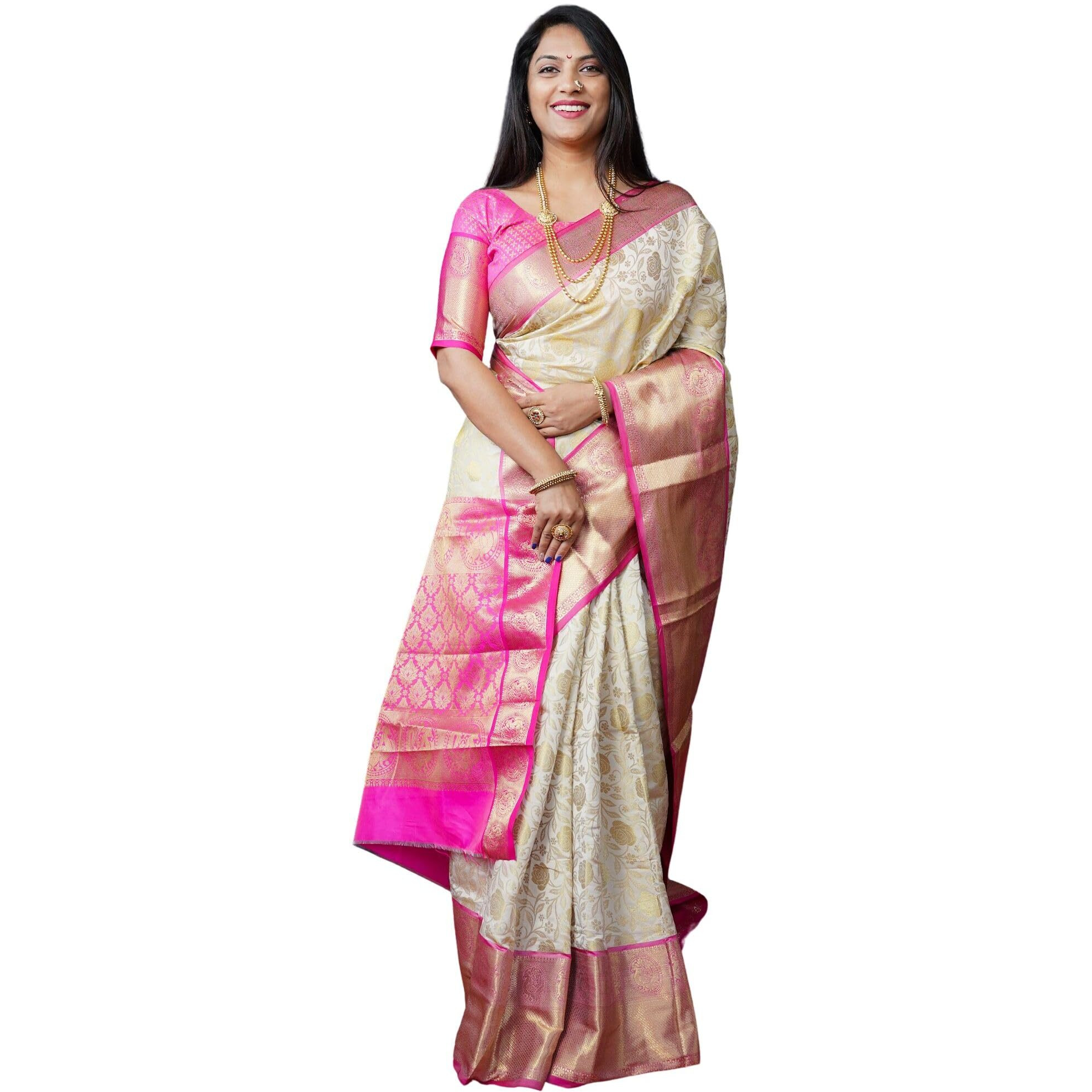 AMIRAT CLOTHING Kanchipuram Silk Saree With Unstiched Blouse Piece (White)