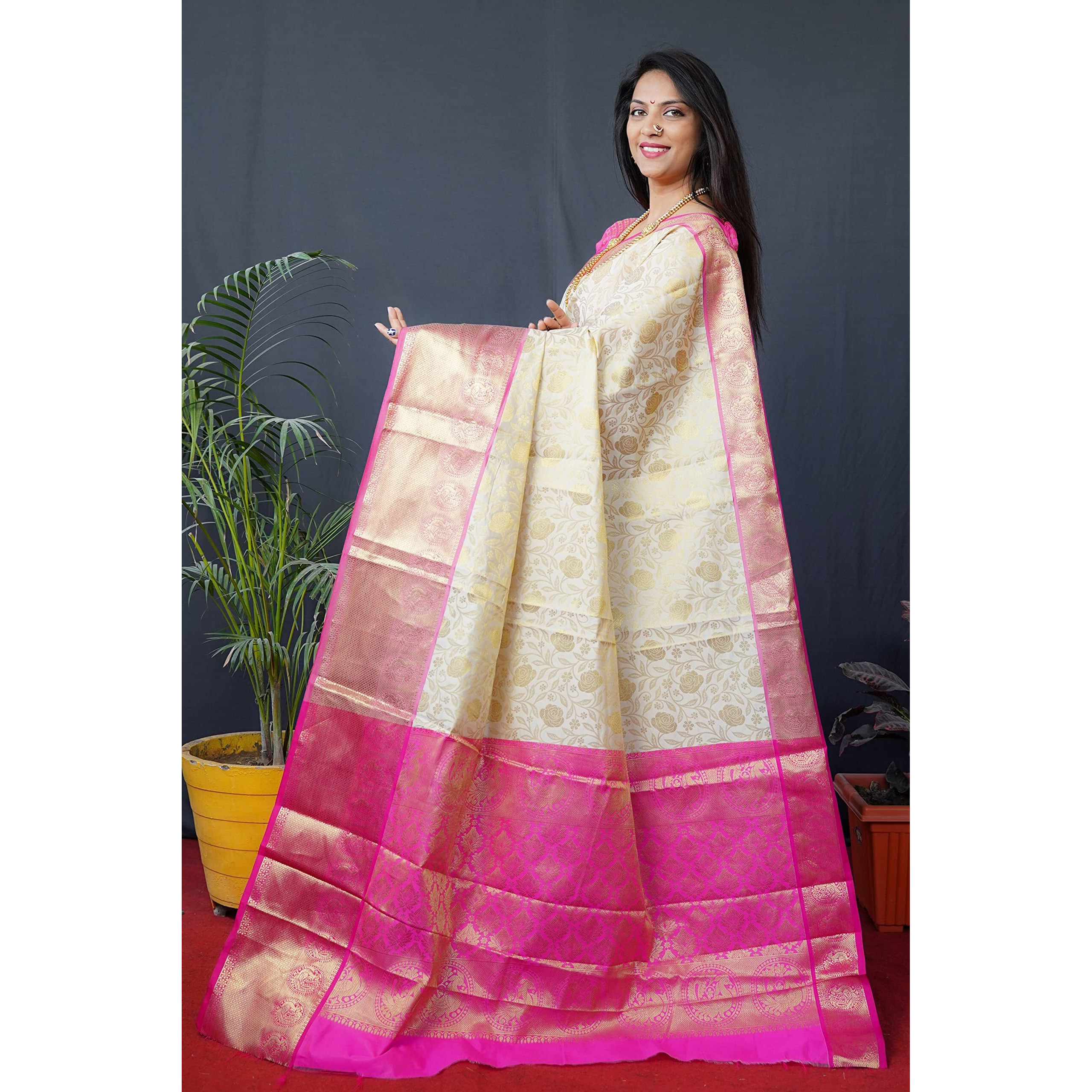 AMIRAT CLOTHING Kanchipuram Silk Saree With Unstiched Blouse Piece (White)