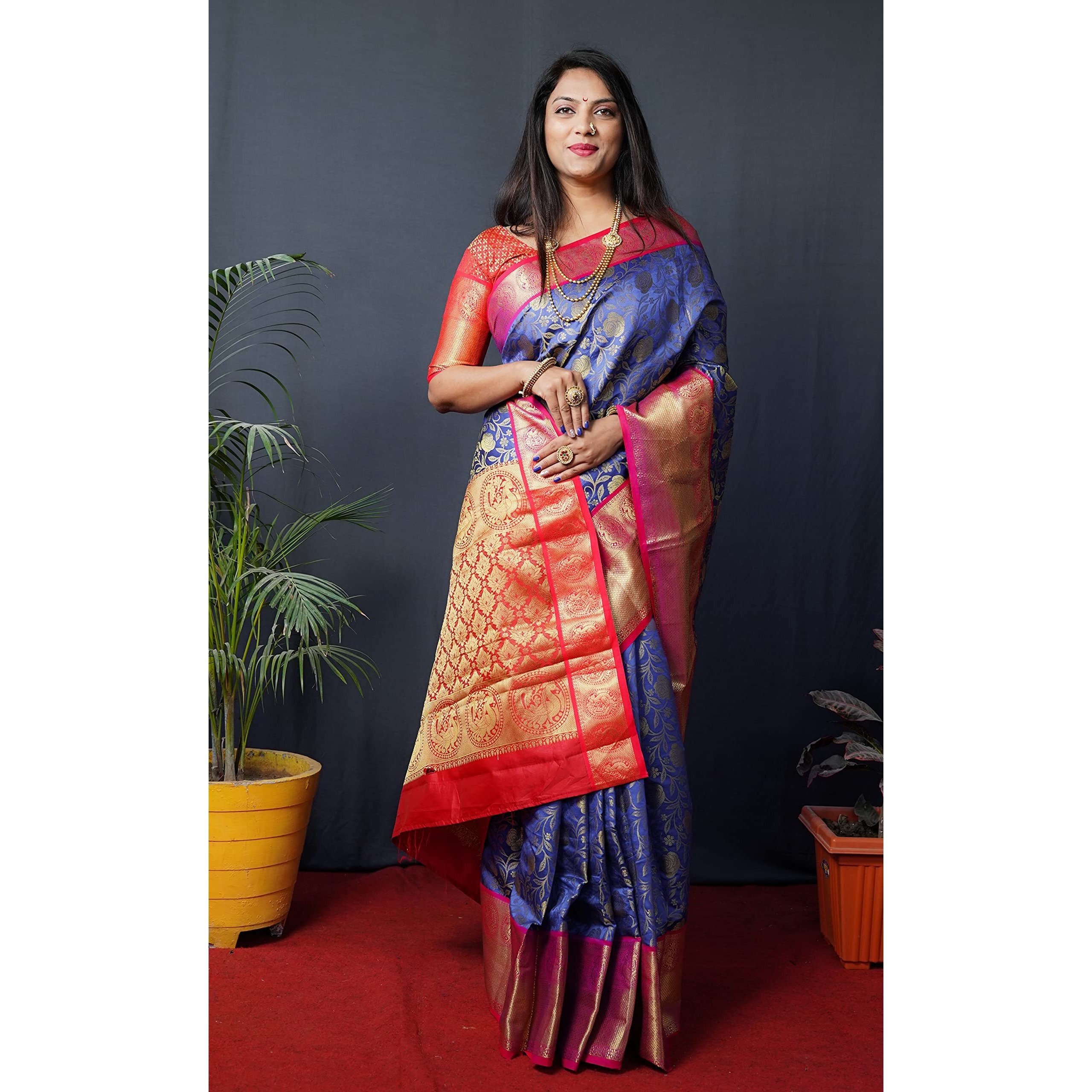 AMIRAT CLOTHING Banarsi Wedding And Designer Look Litchi Silk Saree With Unstiched Blouse Piece (Royal Blue)