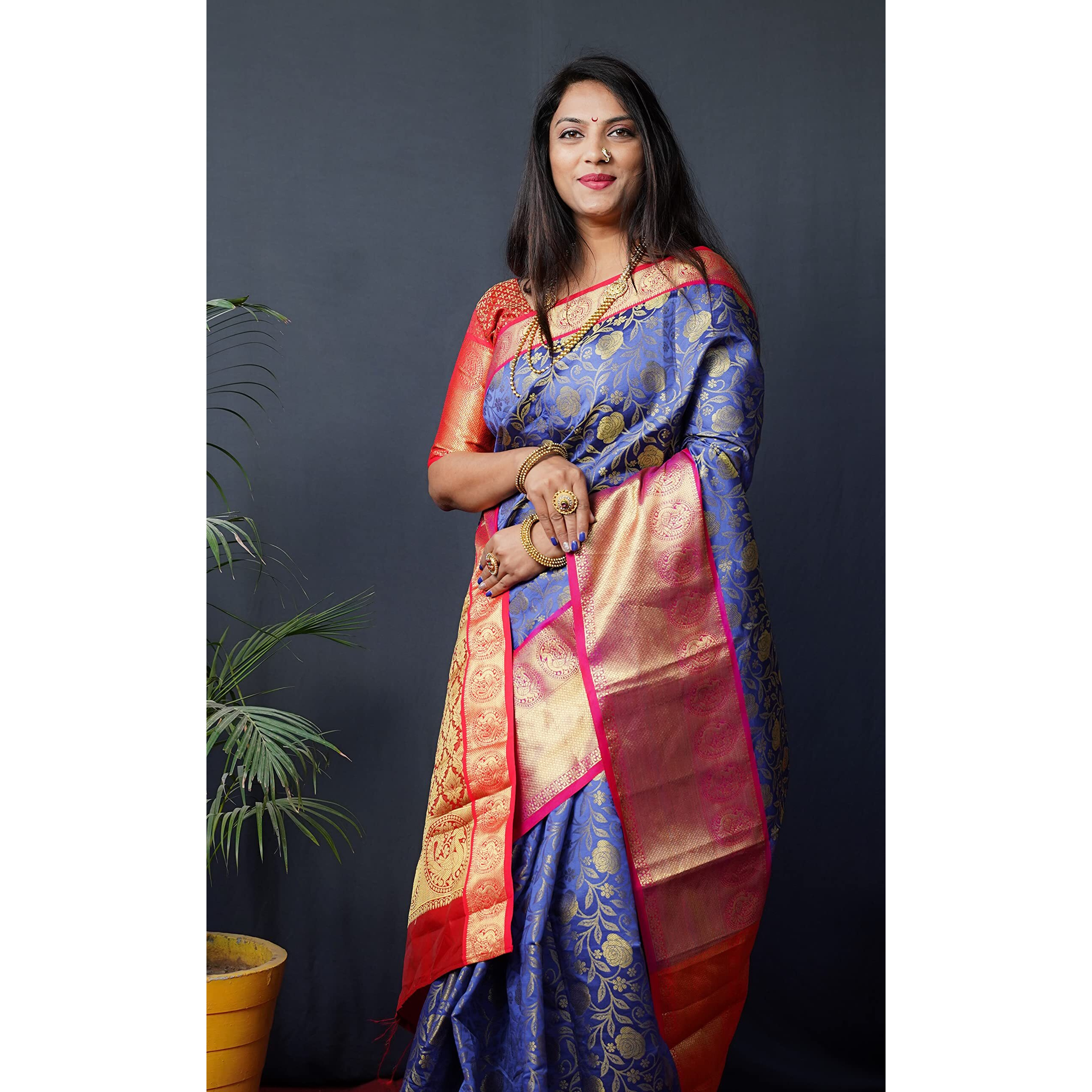 AMIRAT CLOTHING Banarsi Wedding And Designer Look Litchi Silk Saree With Unstiched Blouse Piece (Royal Blue)