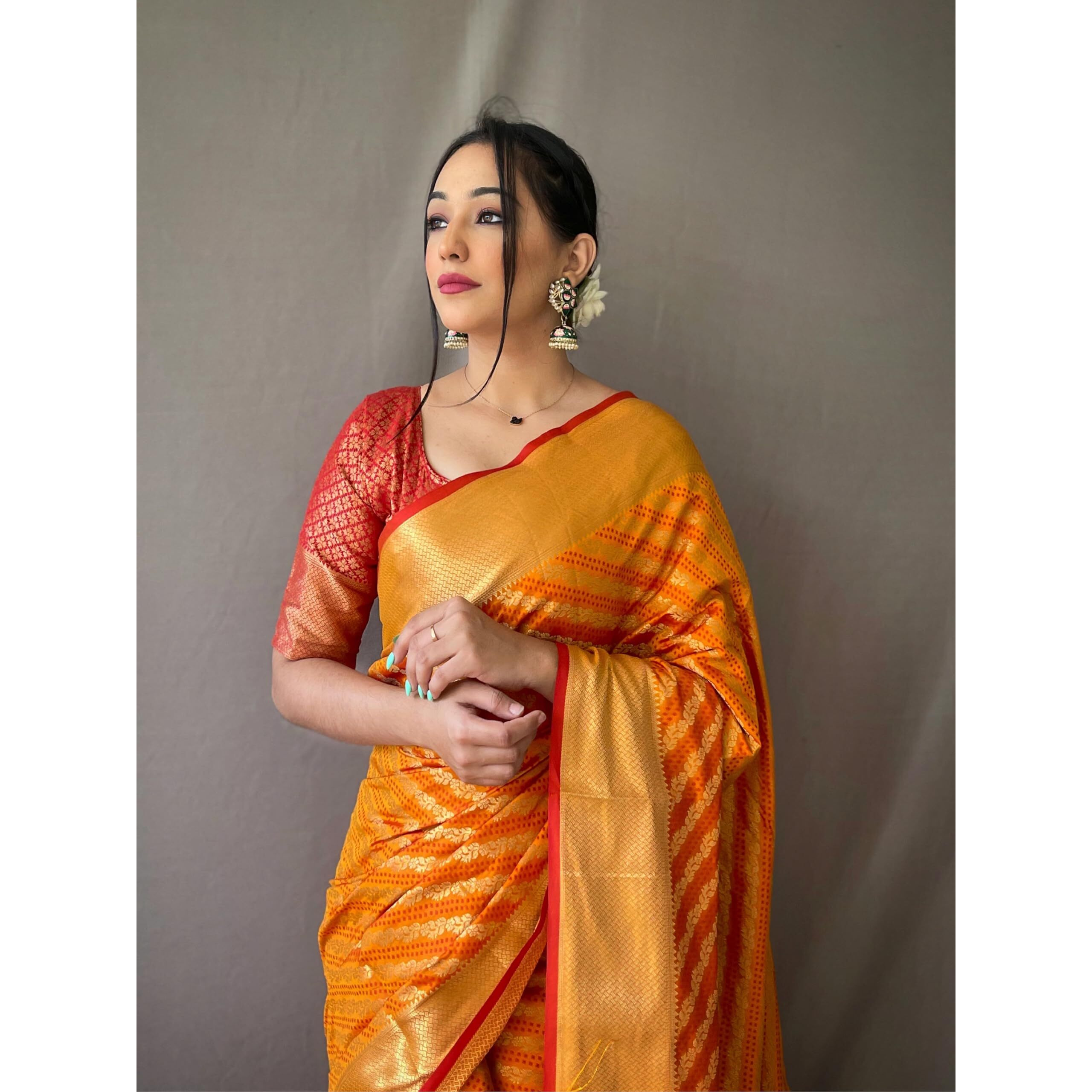 SGF11 Womens Leriya patola Soft Lichi Silk Banarasi Sarees With Blouse Piece (Orange)
