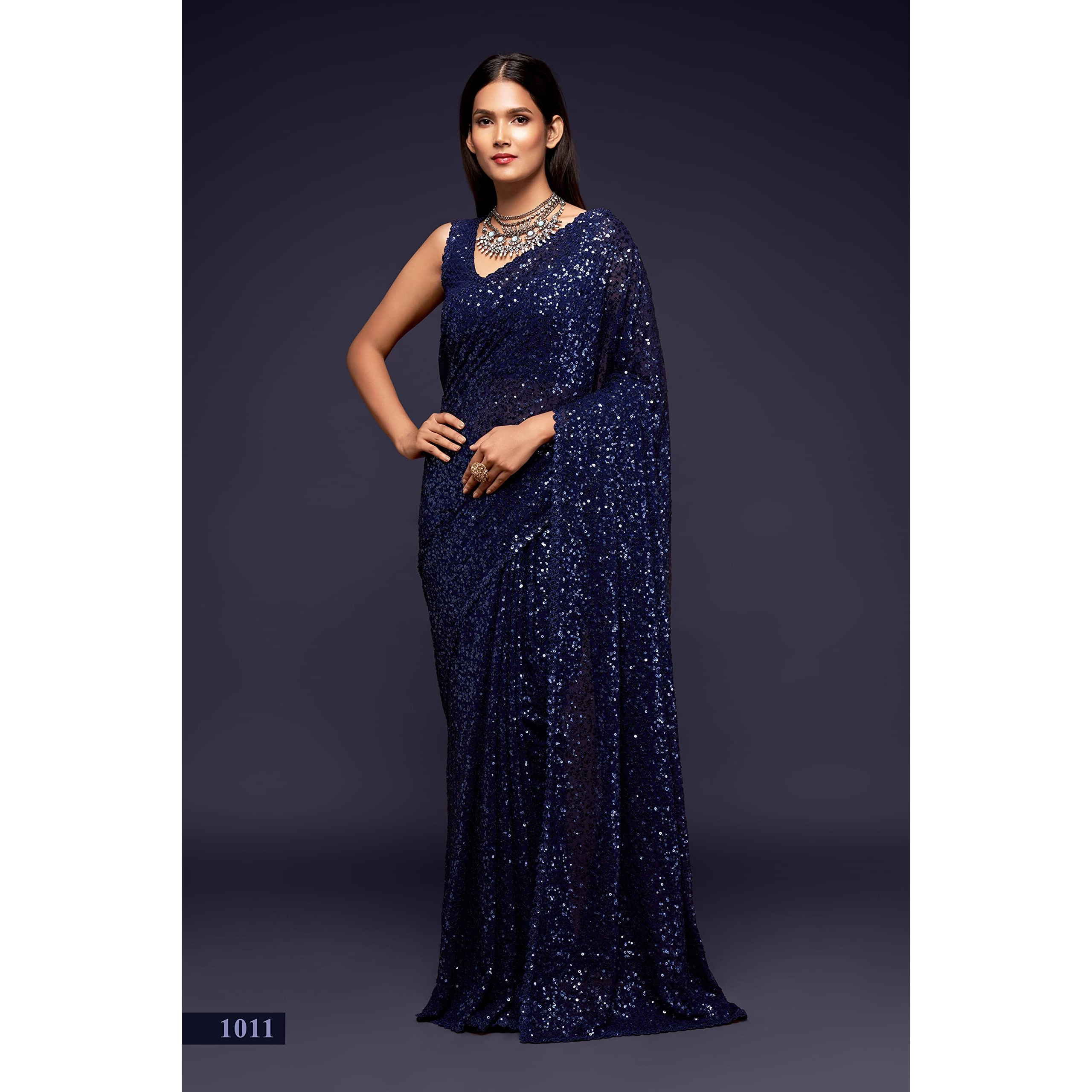 Zeel Clothing Womens Dark Blue Sequins Work Heavy Georgette Saree with Blouse (1011-Blush-Blue-Sequins-Party-Saree, Blush Blue)