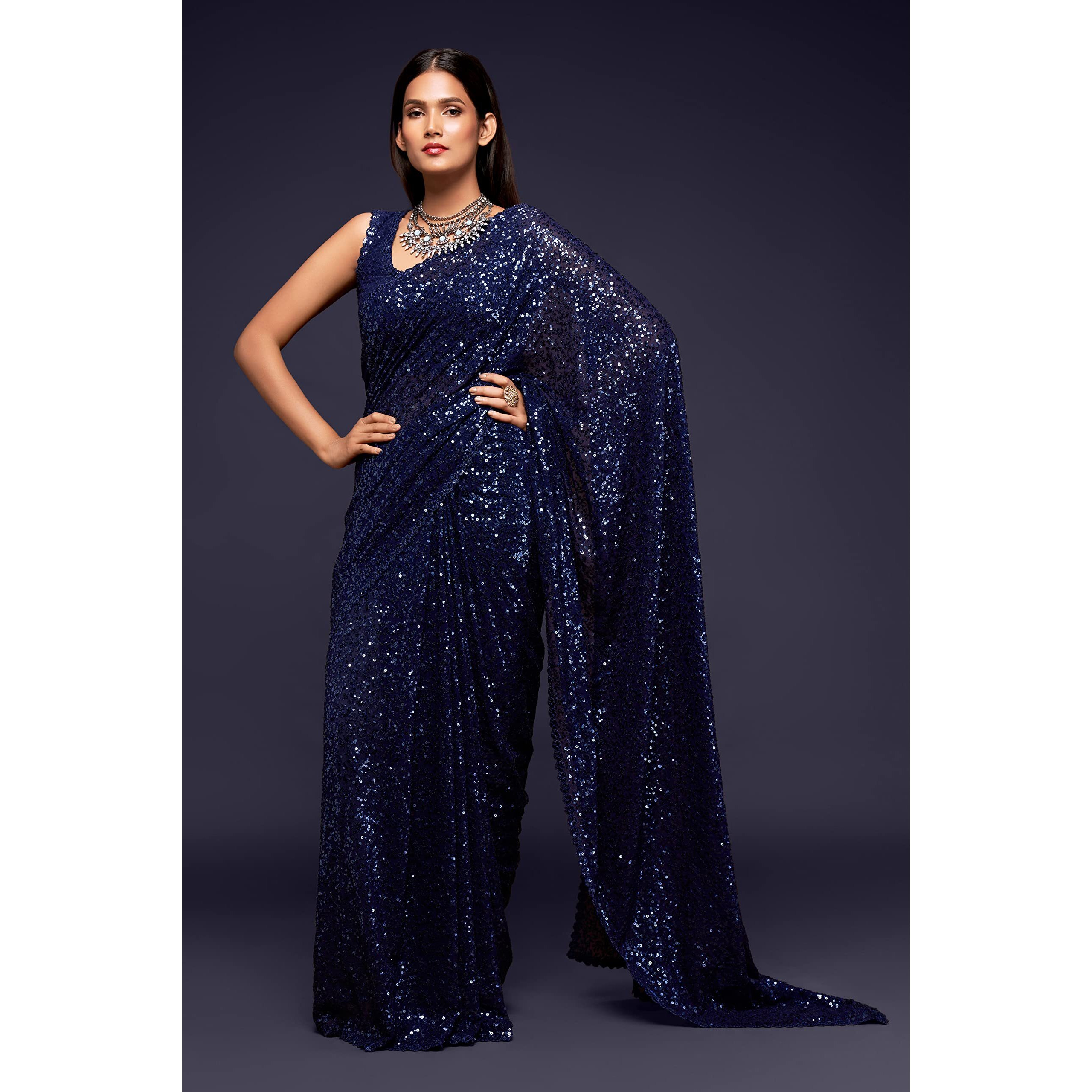 Zeel Clothing Womens Dark Blue Sequins Work Heavy Georgette Saree with Blouse (1011-Blush-Blue-Sequins-Party-Saree, Blush Blue)