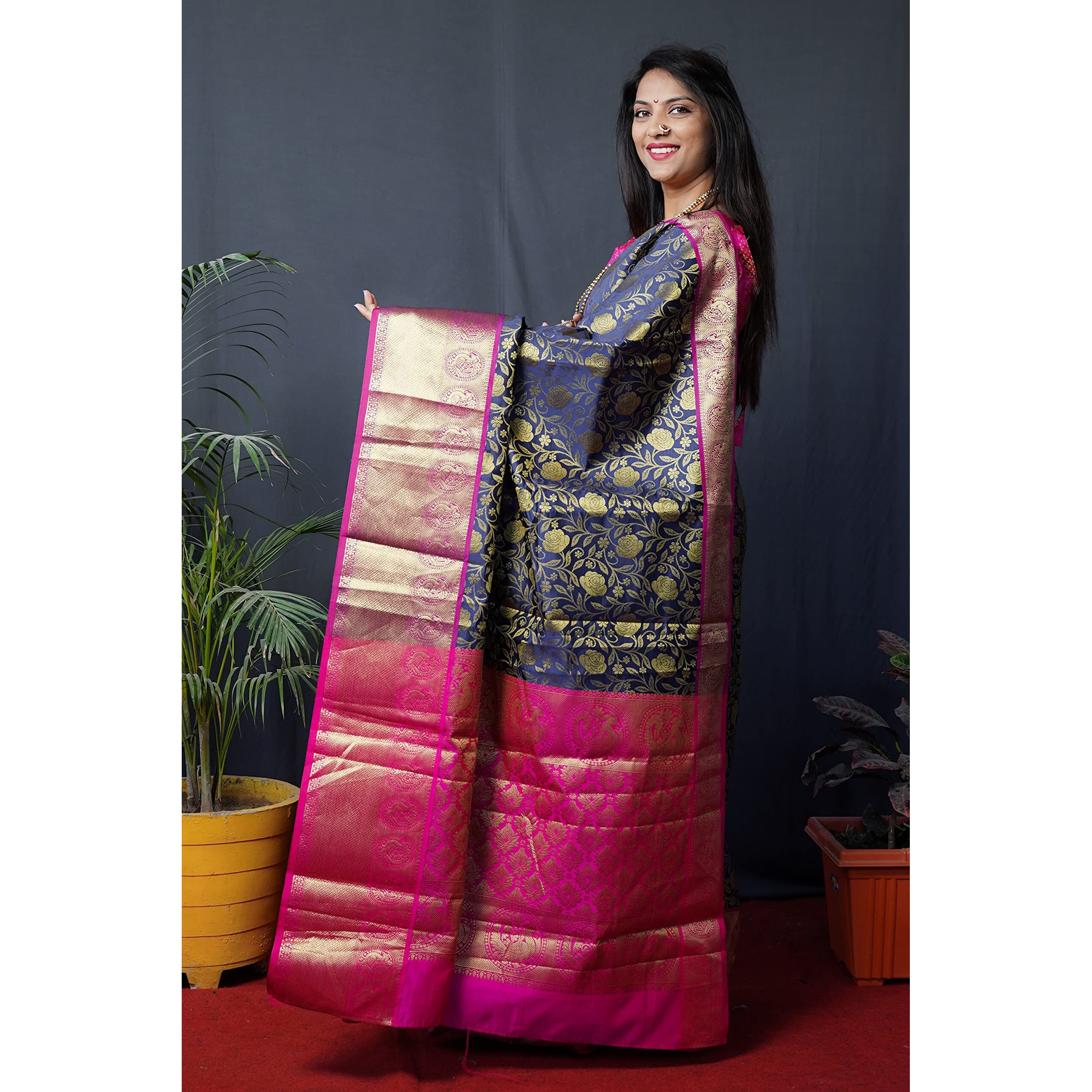 AMIRAT CLOTHING Banarsi Wedding And Designer Look Litchi Silk Saree With Unstiched Blouse Piece (Navy Blue)