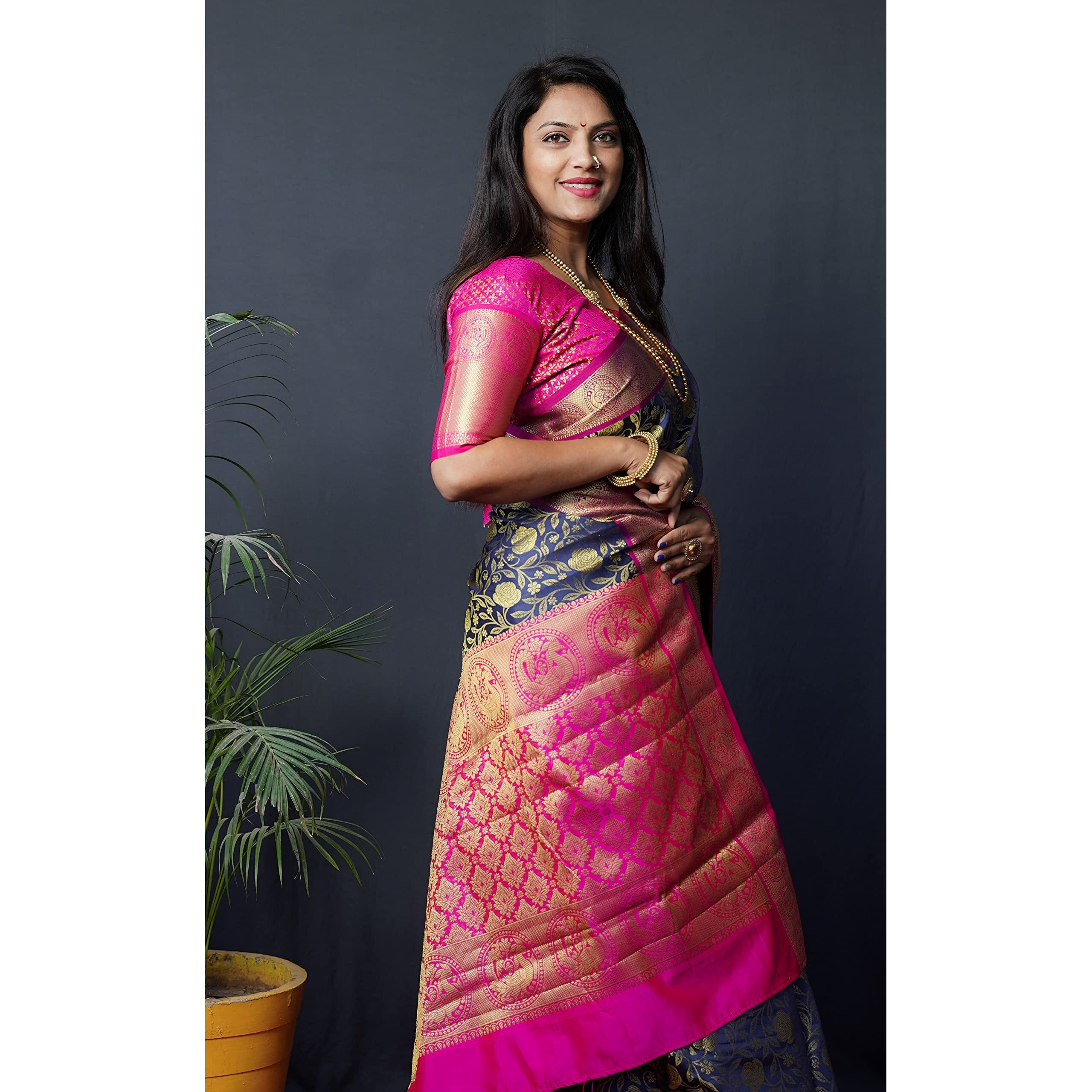 AMIRAT CLOTHING Banarsi Wedding And Designer Look Litchi Silk Saree With Unstiched Blouse Piece (Navy Blue)