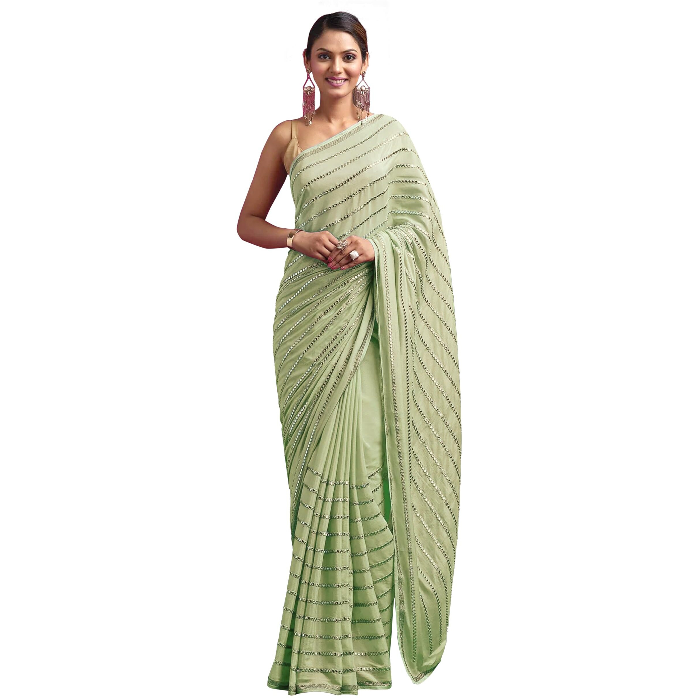 TRENDMALLS Womens Silk Sequins Embroidery Stripted Saree with Blouse Piece (K972-LightGreen)