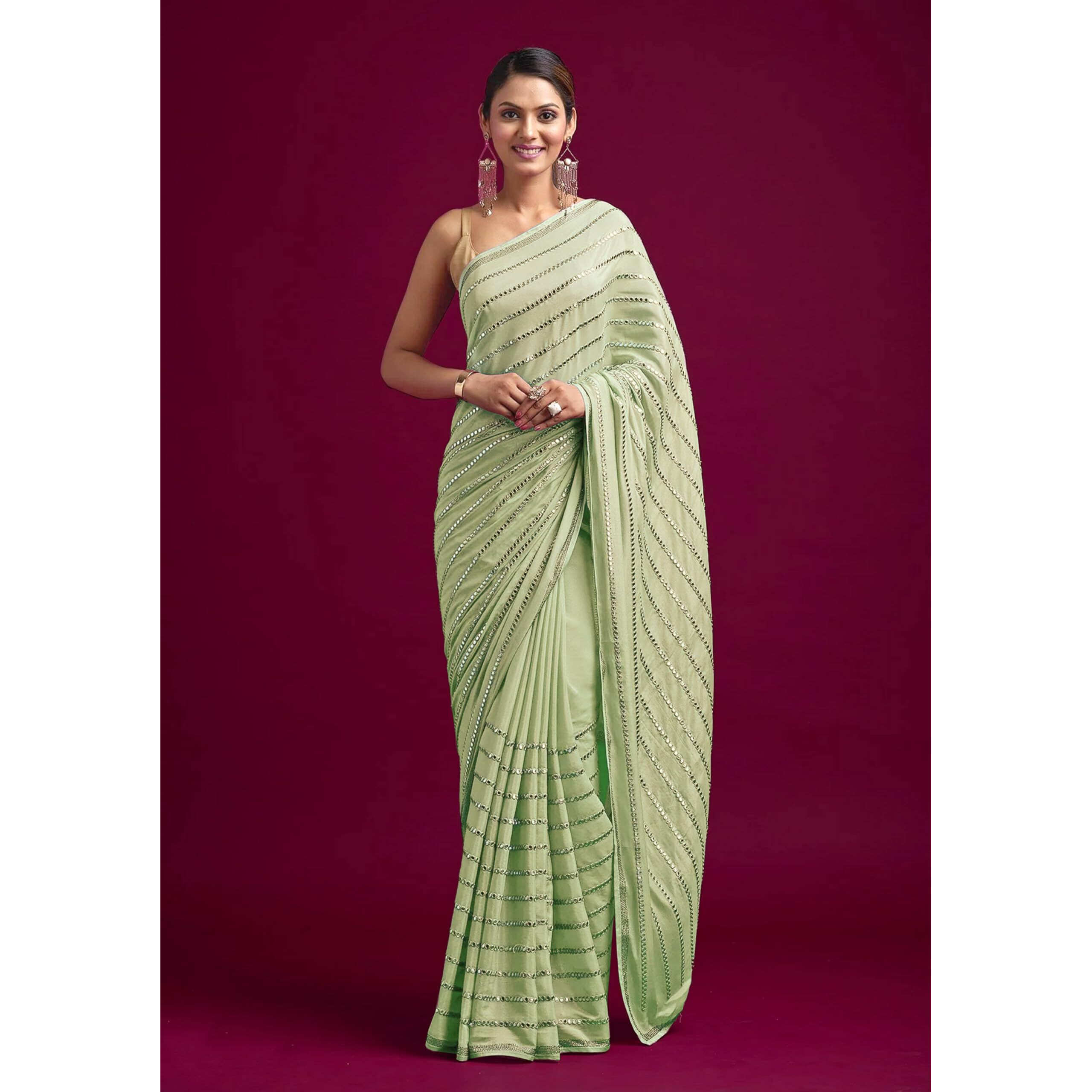 TRENDMALLS Womens Silk Sequins Embroidery Stripted Saree with Blouse Piece (K972-LightGreen)