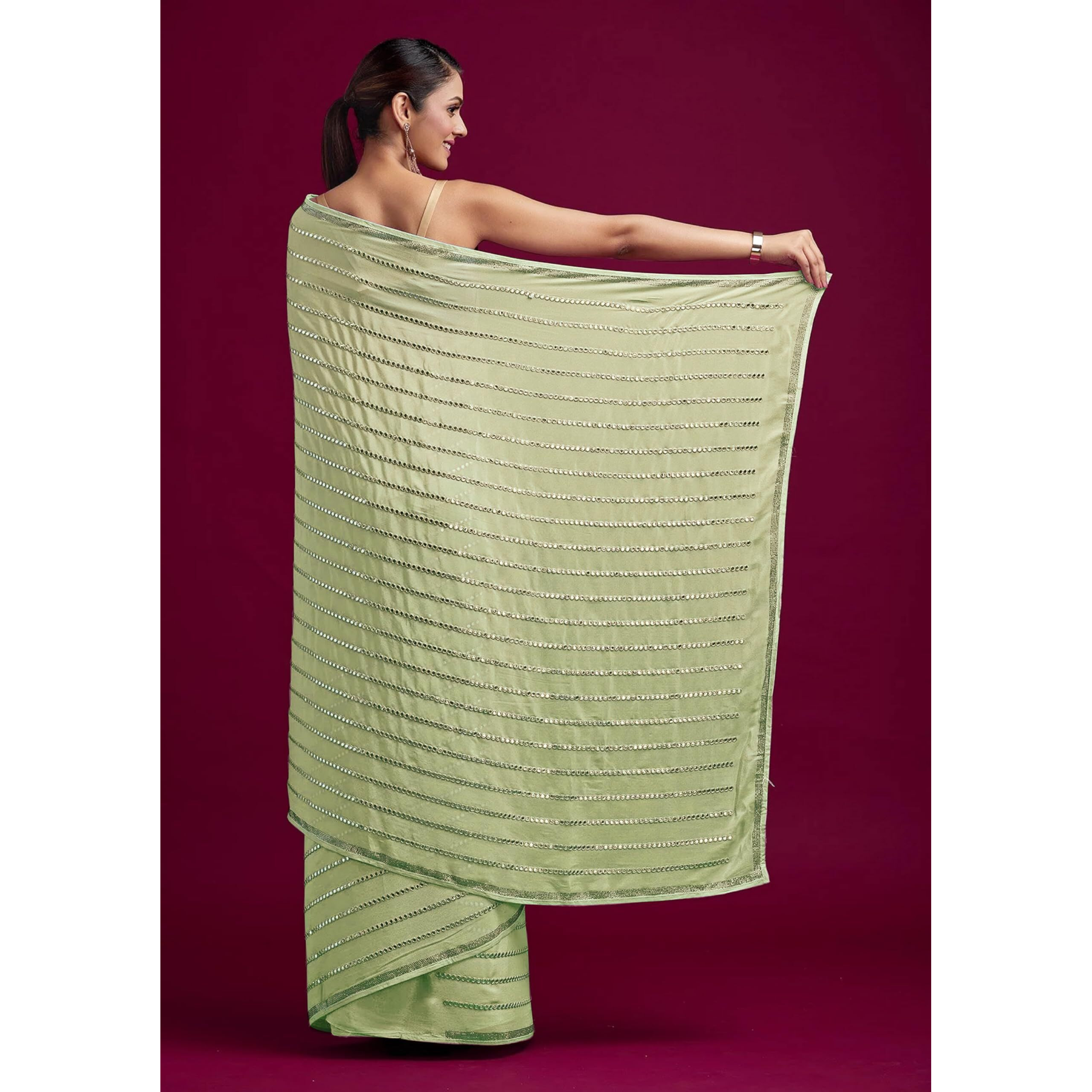 TRENDMALLS Womens Silk Sequins Embroidery Stripted Saree with Blouse Piece (K972-LightGreen)