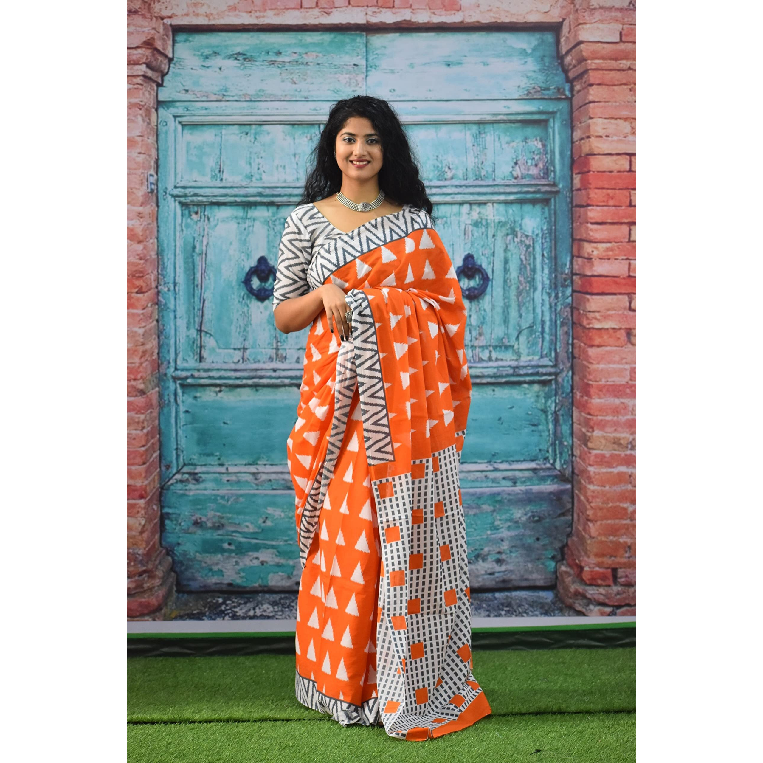 JALTHER Handicrafts Womens Ikat Hand Block Print Jaipuri Cotton Mulmul Saree with Blouse Piece - Orange_288