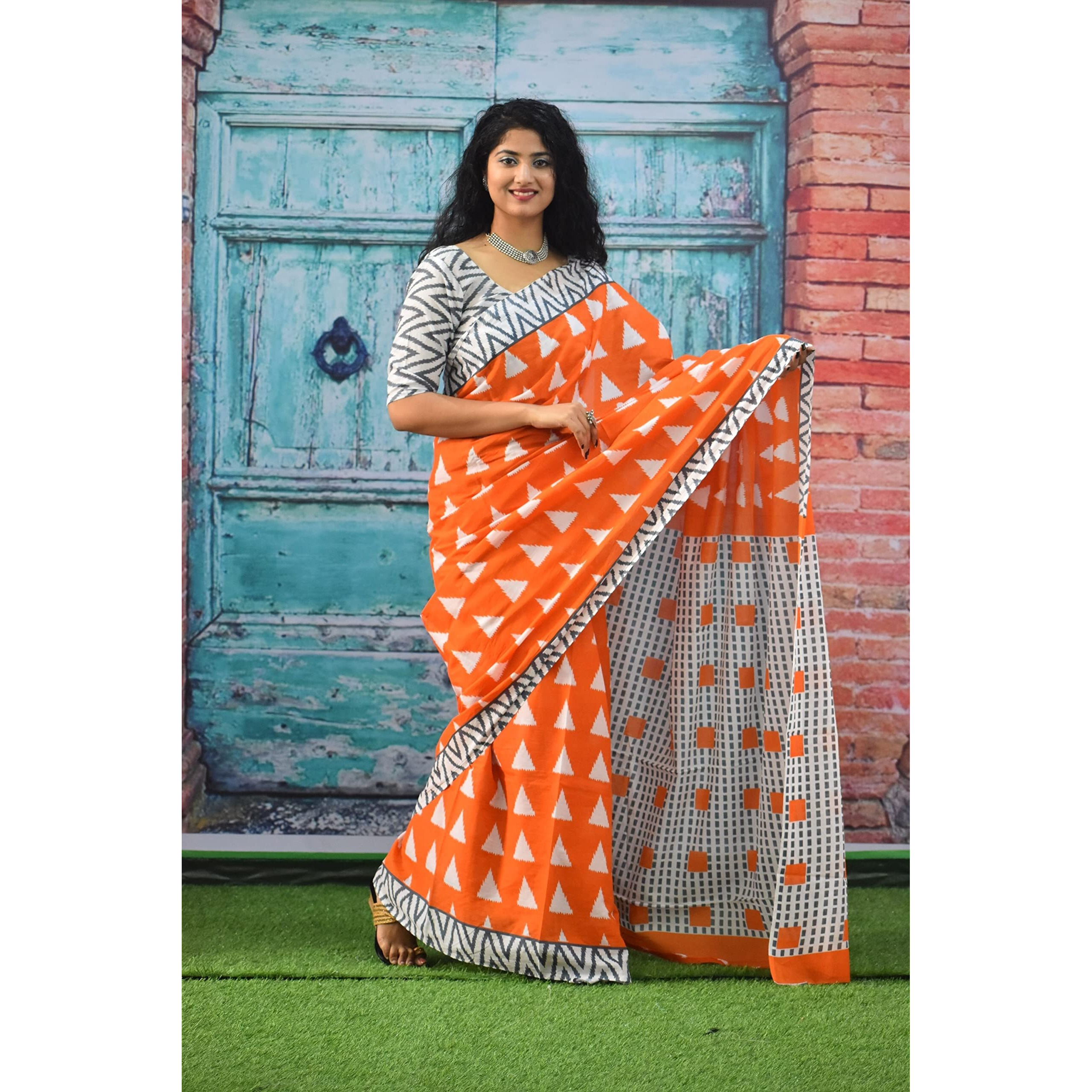 JALTHER Handicrafts Womens Ikat Hand Block Print Jaipuri Cotton Mulmul Saree with Blouse Piece - Orange_288