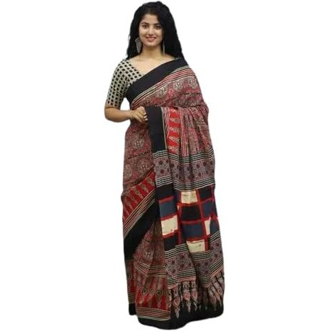 JALTHER Handicrafts Womens Ikat Hand Block Print Jaipuri Cotton Mulmul Saree with Blouse Piece - Black_25