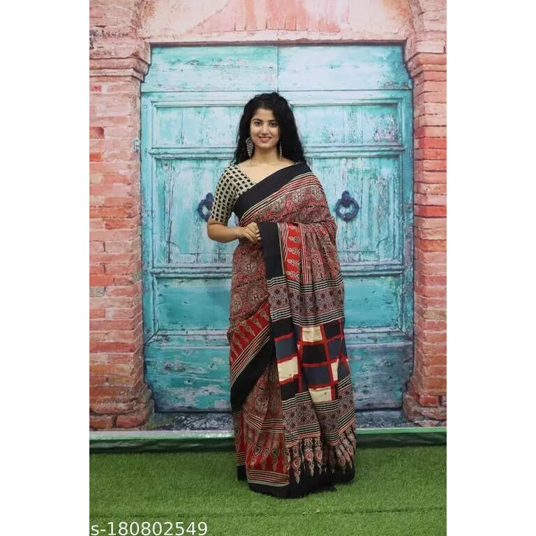 JALTHER Handicrafts Womens Ikat Hand Block Print Jaipuri Cotton Mulmul Saree with Blouse Piece - Black_25