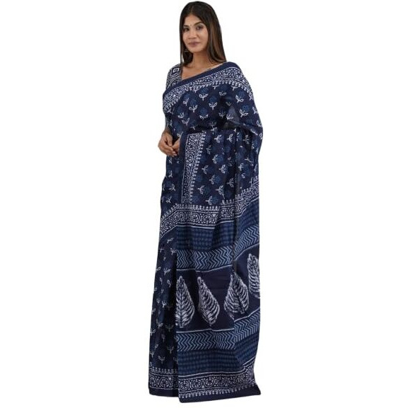 JALTHER Handicrafts Womens Ikat Hand Block Print Jaipuri Cotton Mulmul Saree with Blouse Piece -Blue_19