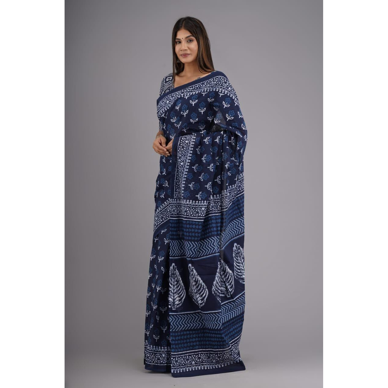 JALTHER Handicrafts Womens Ikat Hand Block Print Jaipuri Cotton Mulmul Saree with Blouse Piece -Blue_19