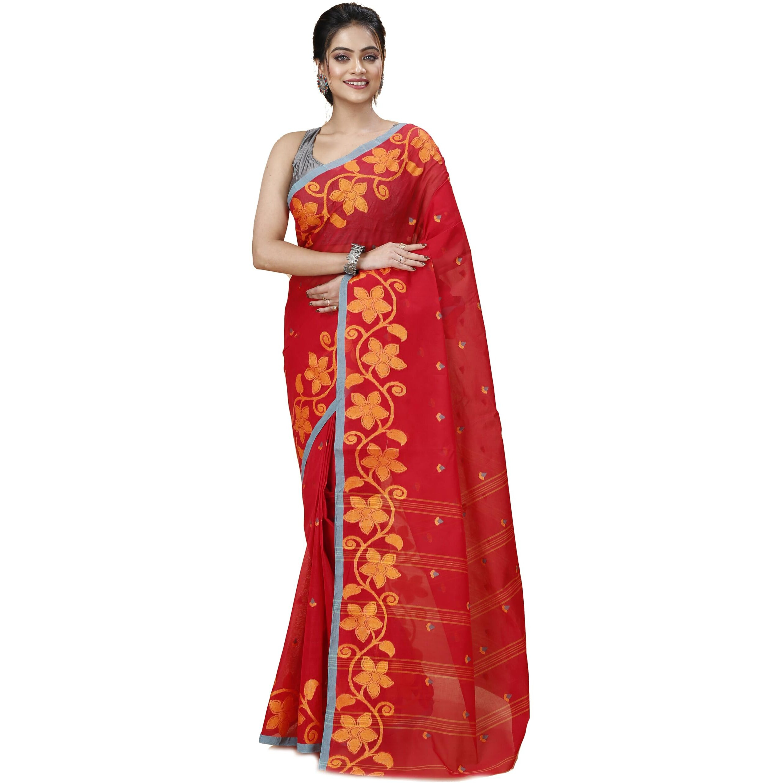 Tant Story Womens Traditional Bengal Tant Handloom Pure Cotton Tangail Saree without Blouse Piece (Red)