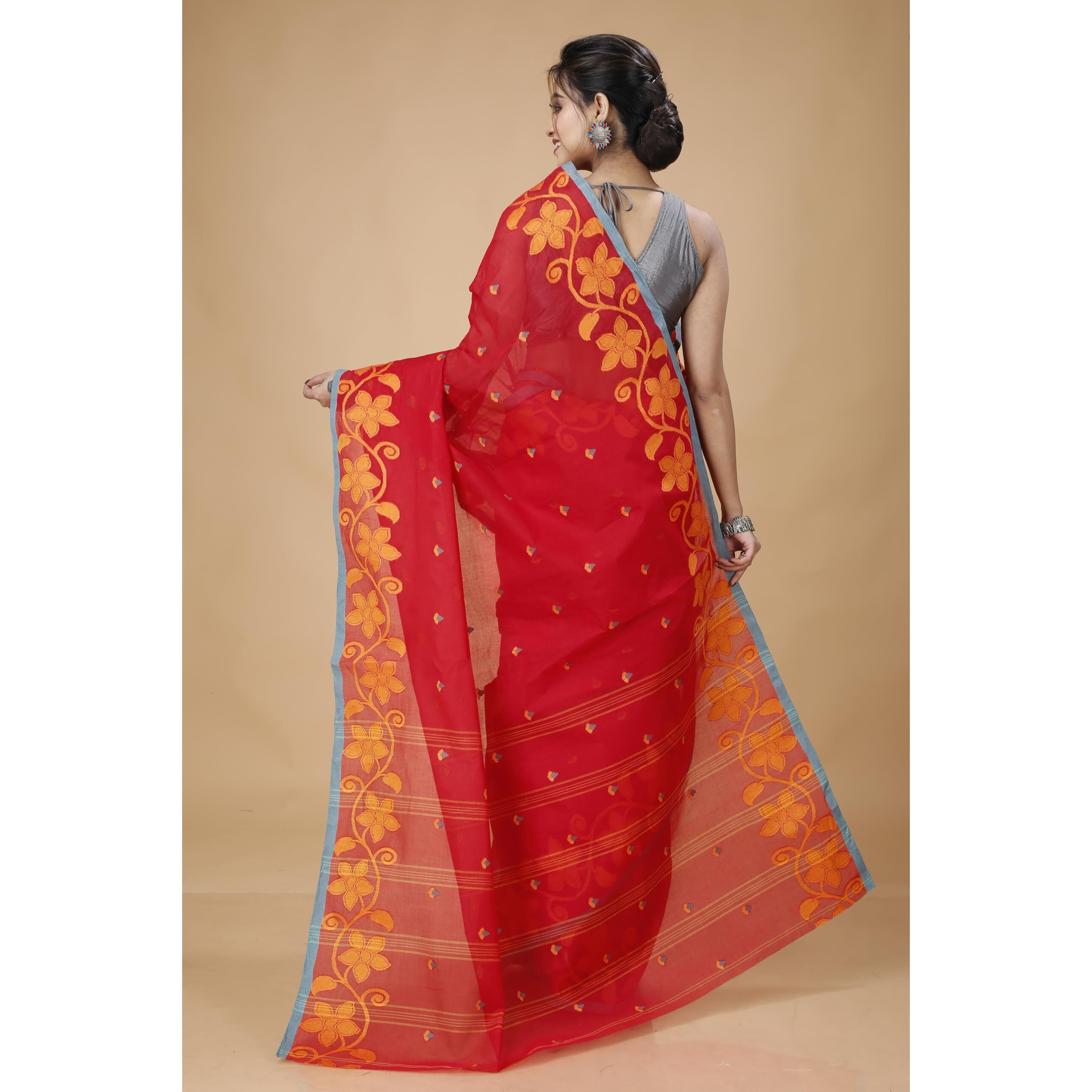 Tant Story Womens Traditional Bengal Tant Handloom Pure Cotton Tangail Saree without Blouse Piece (Red)