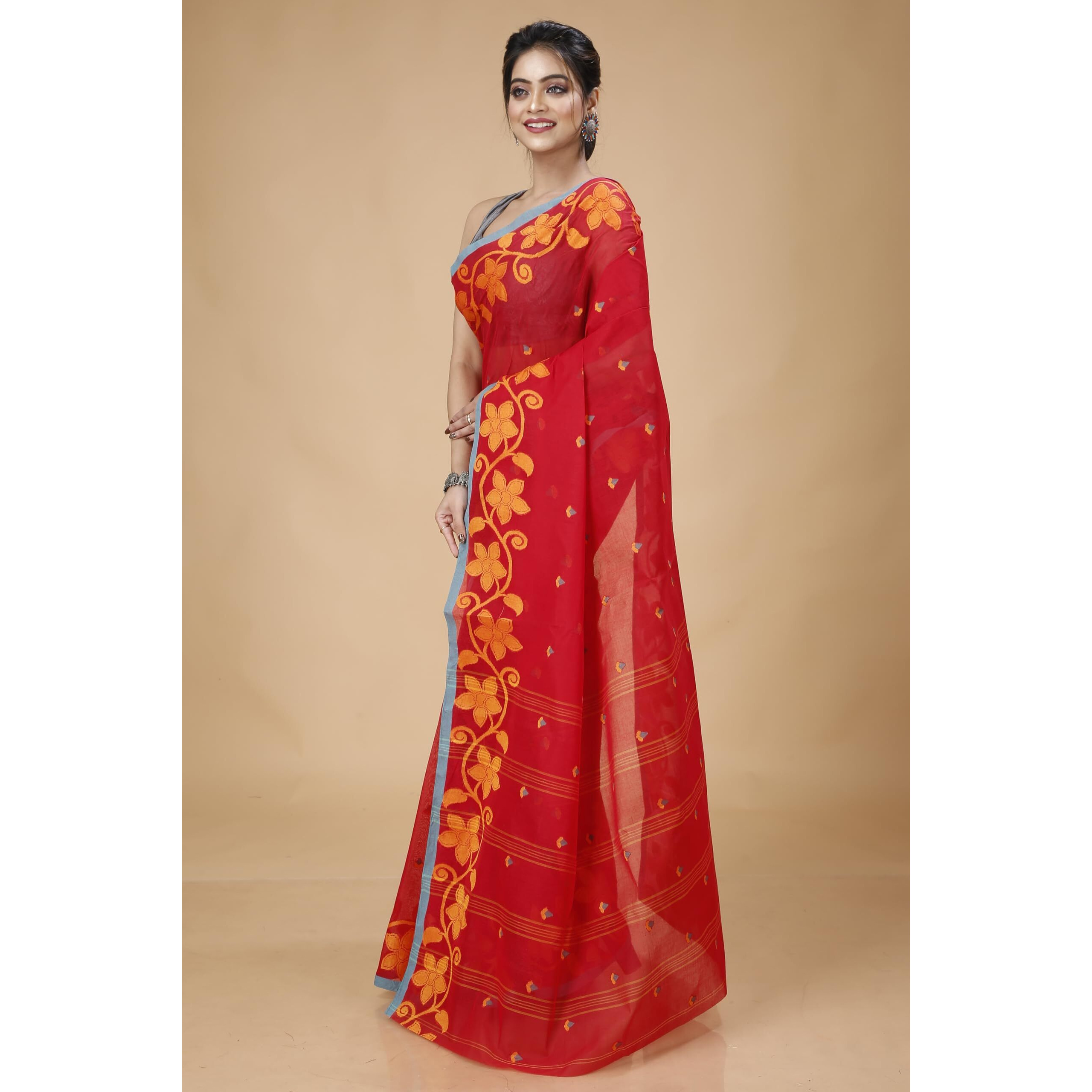 Tant Story Womens Traditional Bengal Tant Handloom Pure Cotton Tangail Saree without Blouse Piece (Red)