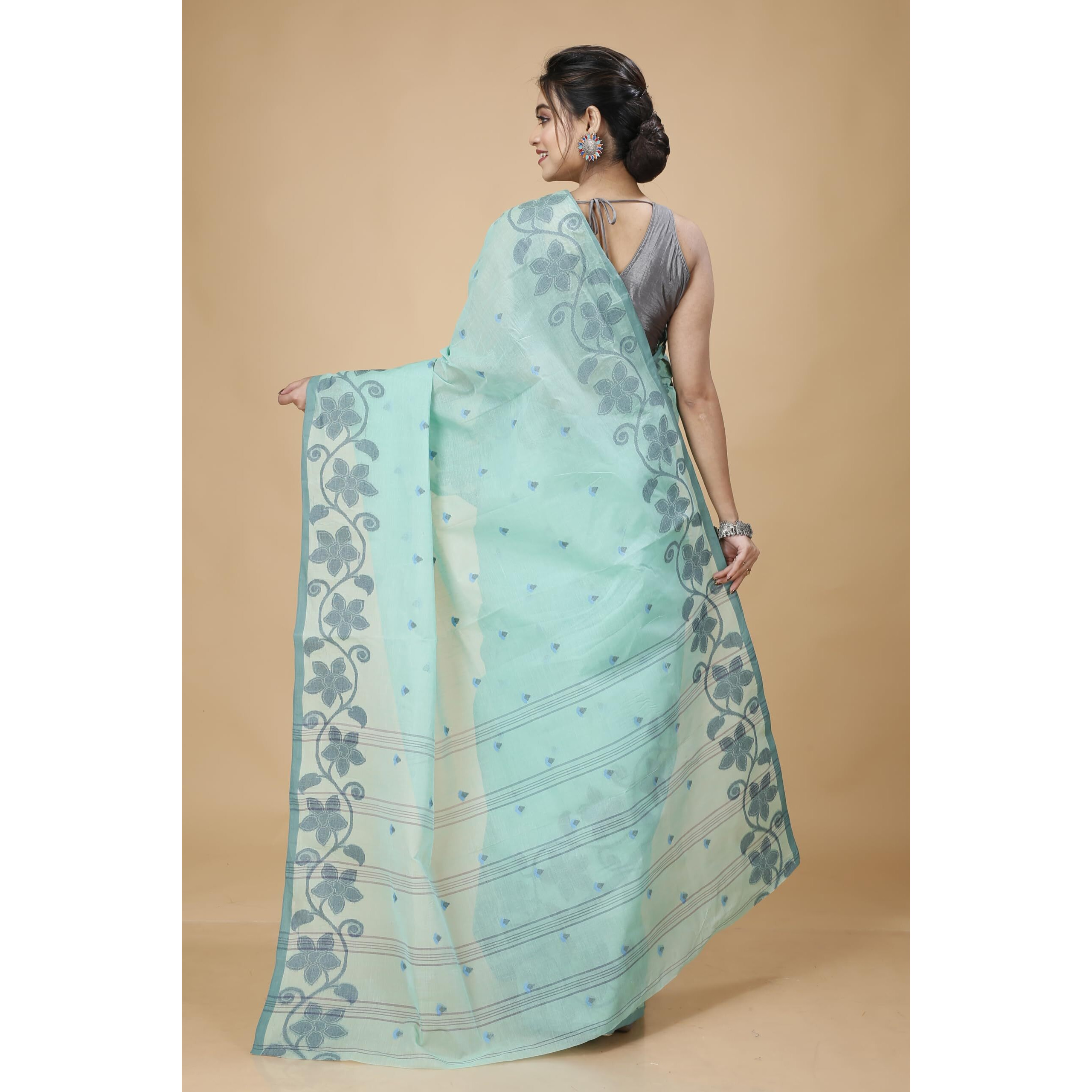 Tant Story Womens Traditional Bengal Tant Handloom Pure Cotton Tangail Saree without Blouse Piece (Sea Green)