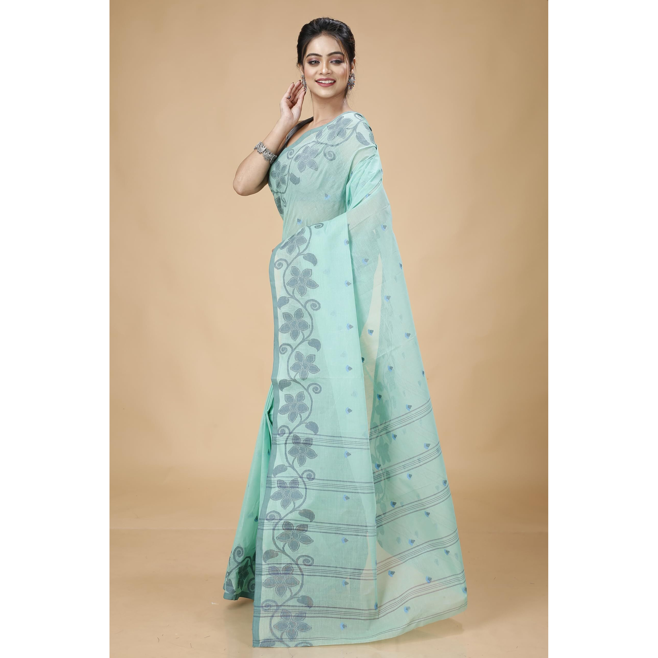 Tant Story Womens Traditional Bengal Tant Handloom Pure Cotton Tangail Saree without Blouse Piece (Sea Green)