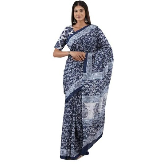 JALTHER Handicrafts Womens Ikat Hand Block Print Jaipuri Cotton Mulmul Saree with Blouse Piece -Blue_24