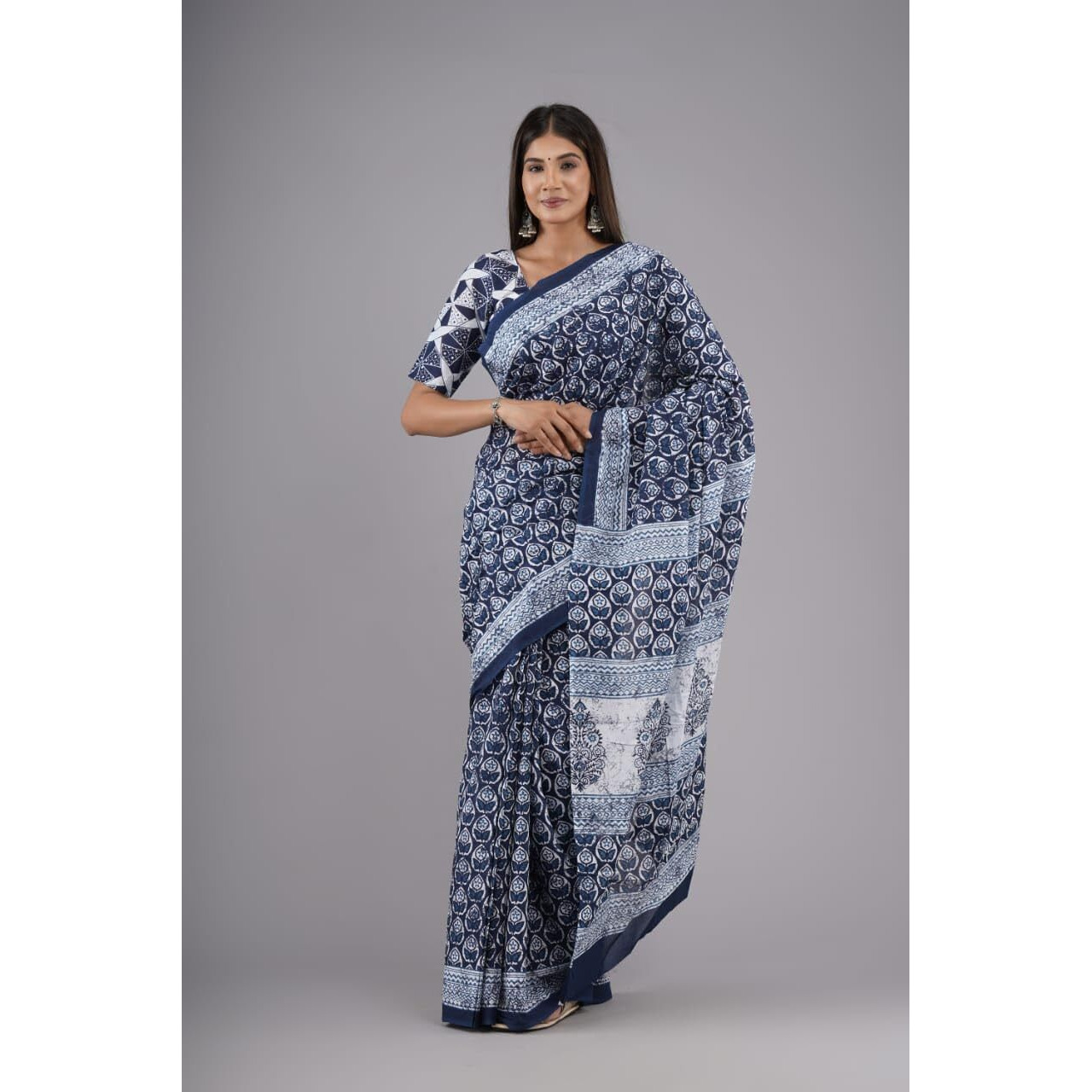 JALTHER Handicrafts Womens Ikat Hand Block Print Jaipuri Cotton Mulmul Saree with Blouse Piece -Blue_24