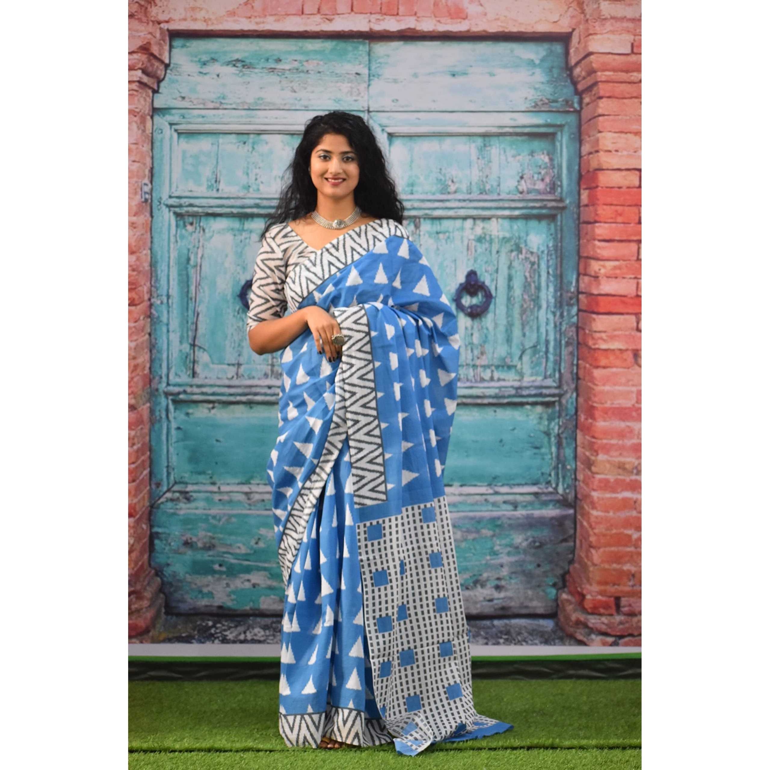 JALTHER Handicrafts Womens Ikat Hand Block Print Jaipuri Cotton Mulmul Saree with Blouse Piece - Turquiose_287