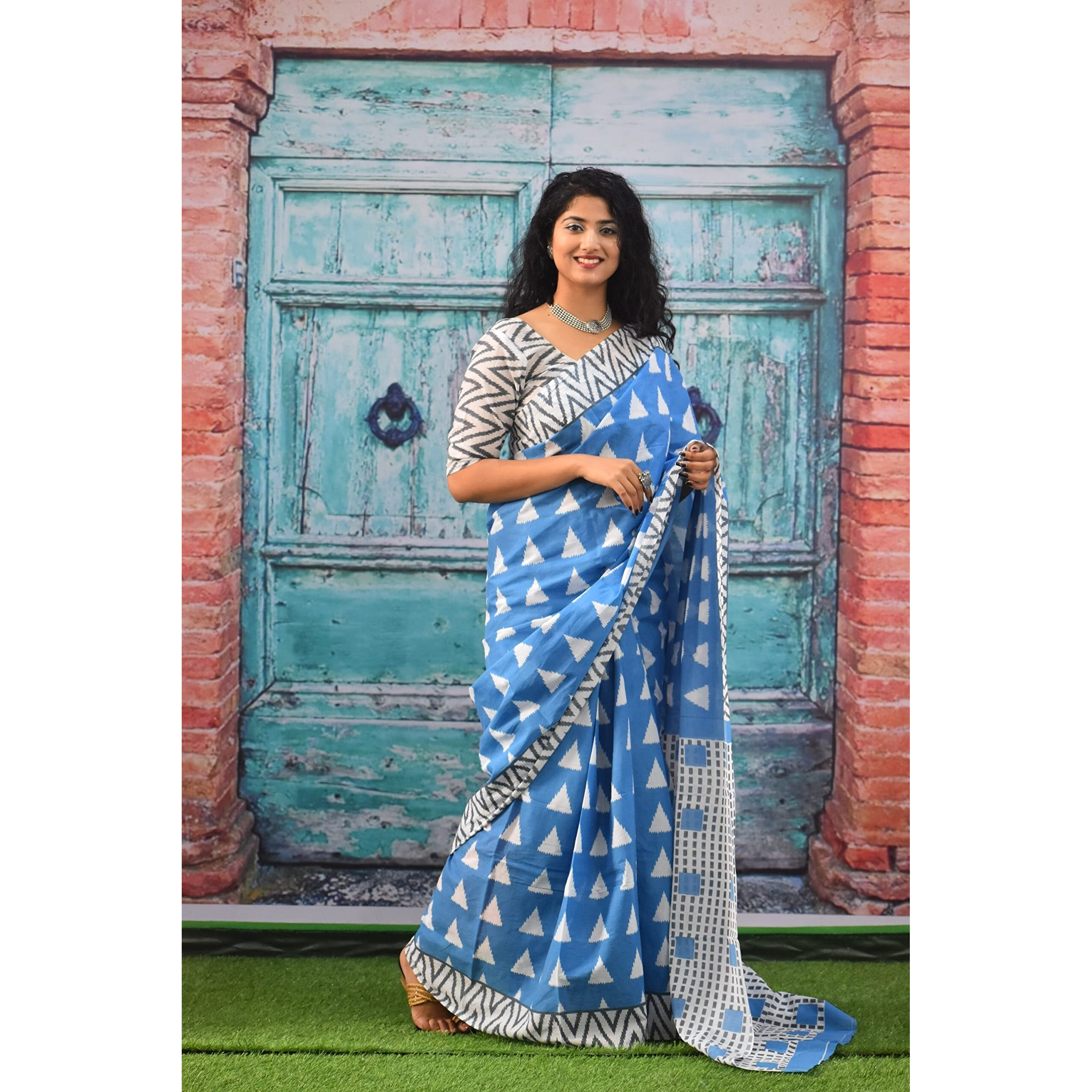 JALTHER Handicrafts Womens Ikat Hand Block Print Jaipuri Cotton Mulmul Saree with Blouse Piece - Turquiose_287