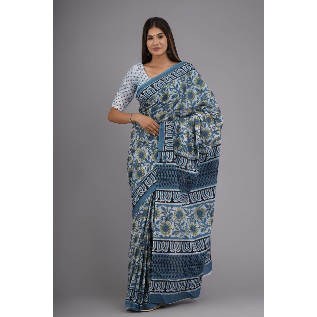 JALTHER Handicrafts Womens Ikat Hand Block Print Jaipuri Cotton Mulmul Saree with Blouse Piece -Blue_23