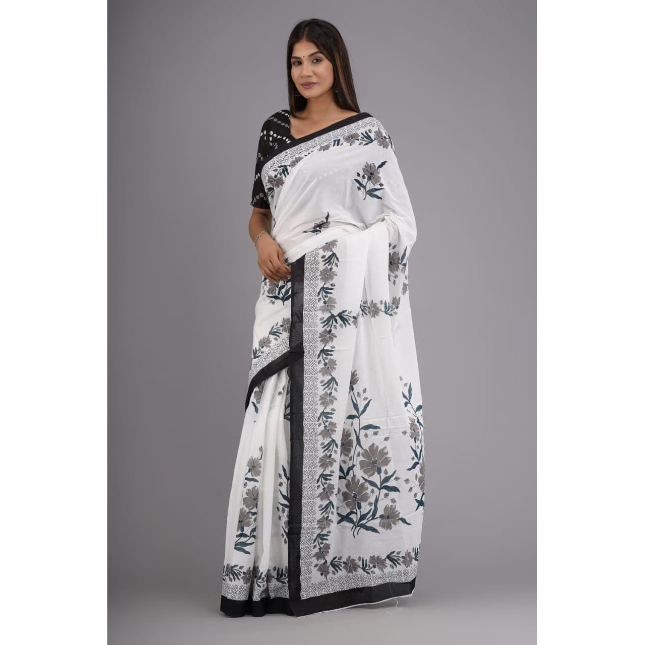 JALTHER Handicrafts Womens Ikat Hand Block Print Jaipuri Cotton Mulmul Saree with Blouse Piece -White_22