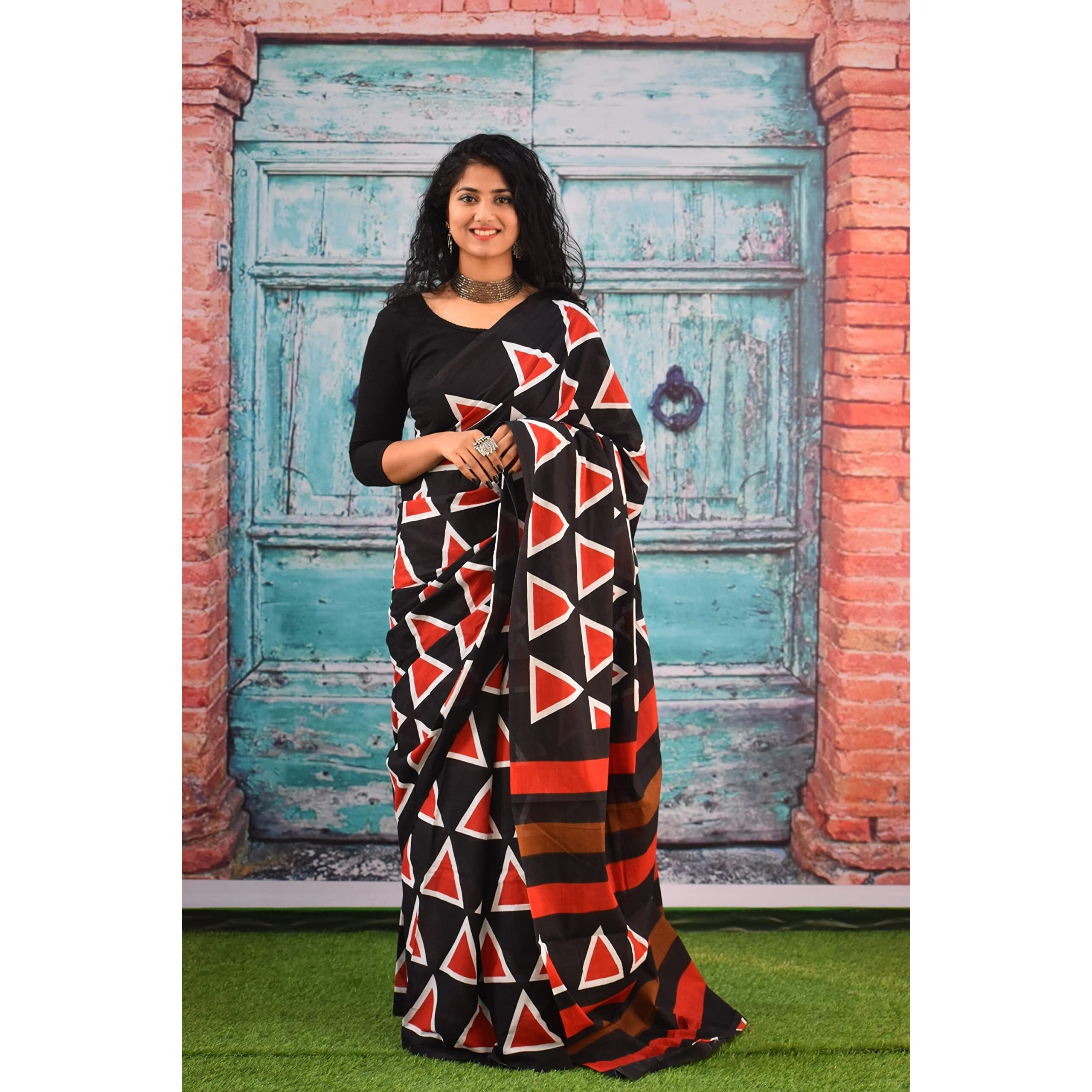 JALTHER Handicrafts Womens Ikat Hand Block Print Jaipuri Cotton Mulmul Saree with Blouse Piece - Black_291