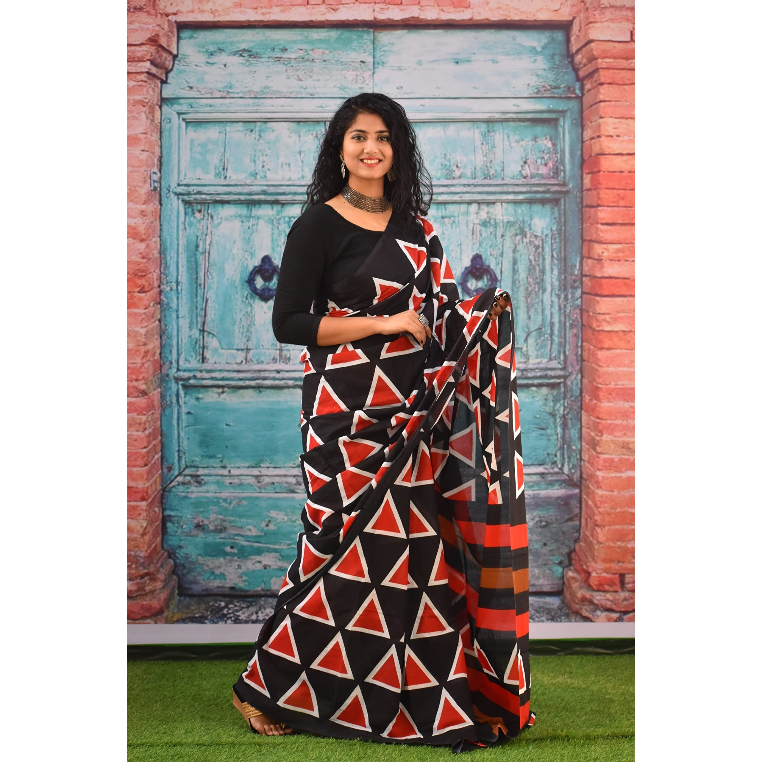 JALTHER Handicrafts Womens Ikat Hand Block Print Jaipuri Cotton Mulmul Saree with Blouse Piece - Black_291