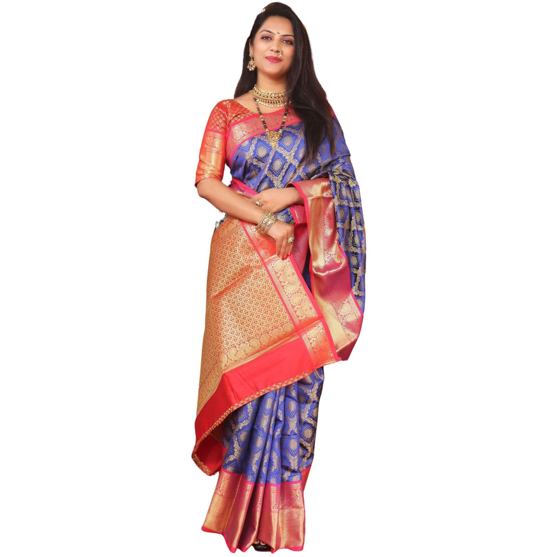 AMIRAT Clothing Womens Banarasi Wedding Designer Litchi Silk Saree With Unstiched Blouse Peice (R Blue)