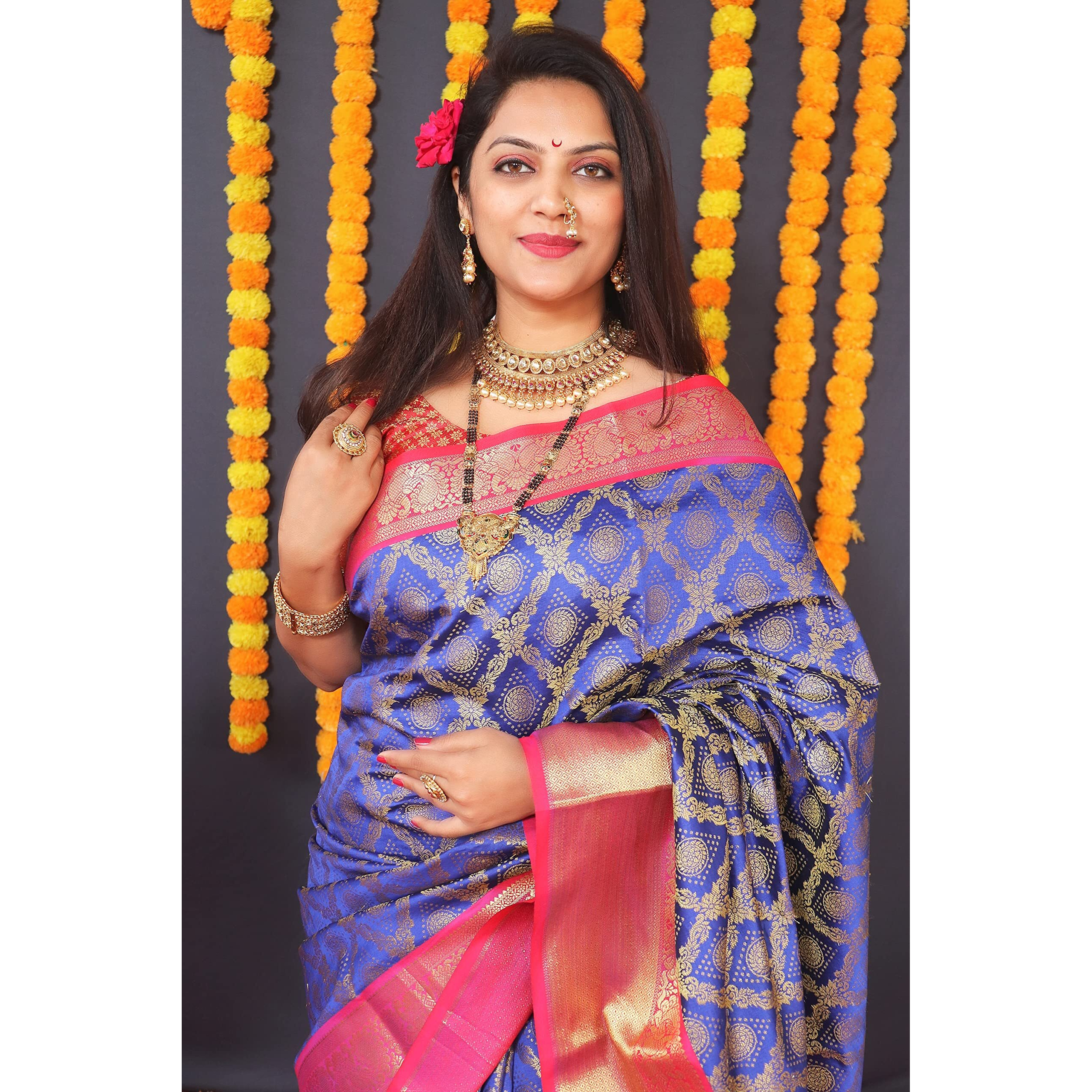 AMIRAT Clothing Womens Banarasi Wedding Designer Litchi Silk Saree With Unstiched Blouse Peice (R Blue)