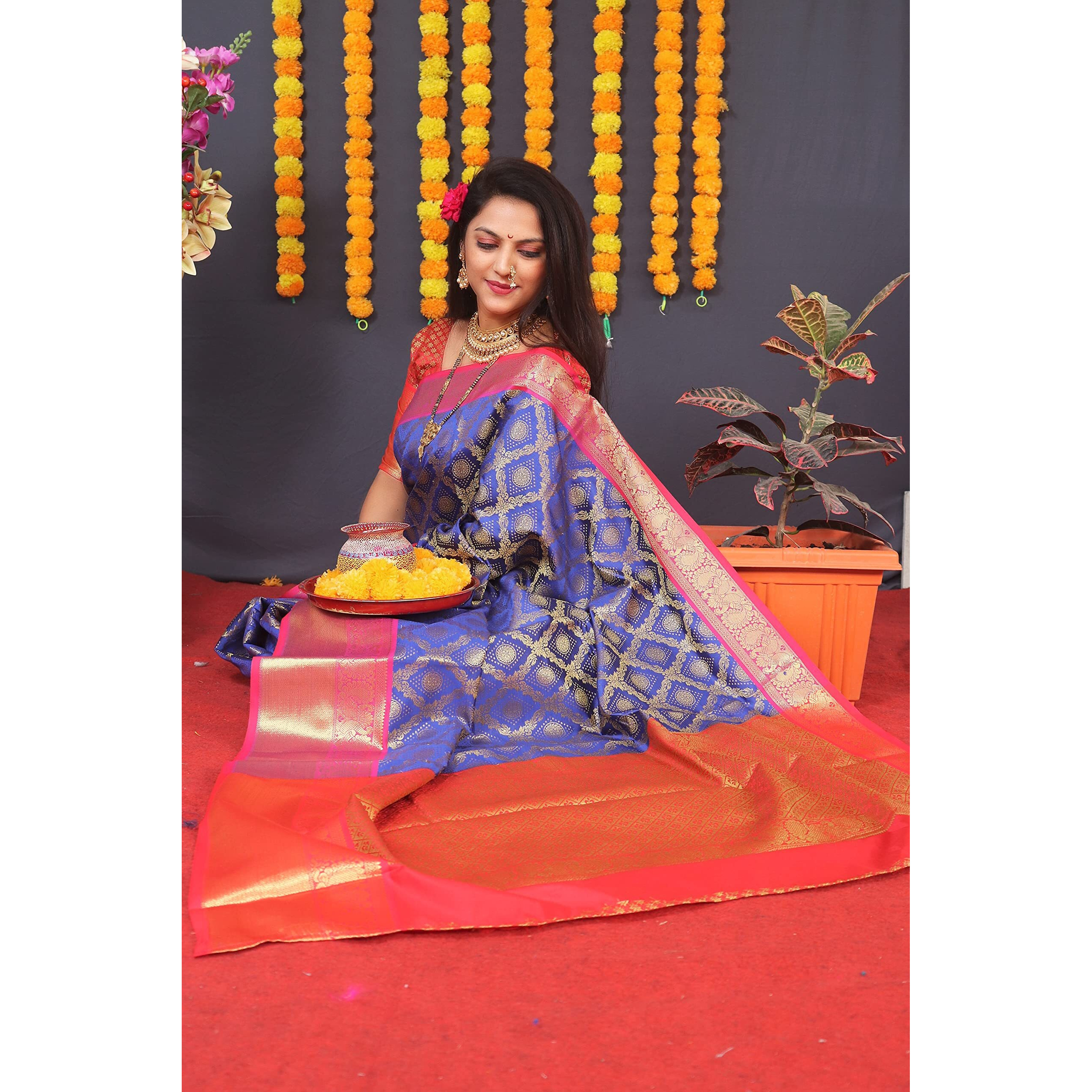 AMIRAT Clothing Womens Banarasi Wedding Designer Litchi Silk Saree With Unstiched Blouse Peice (R Blue)