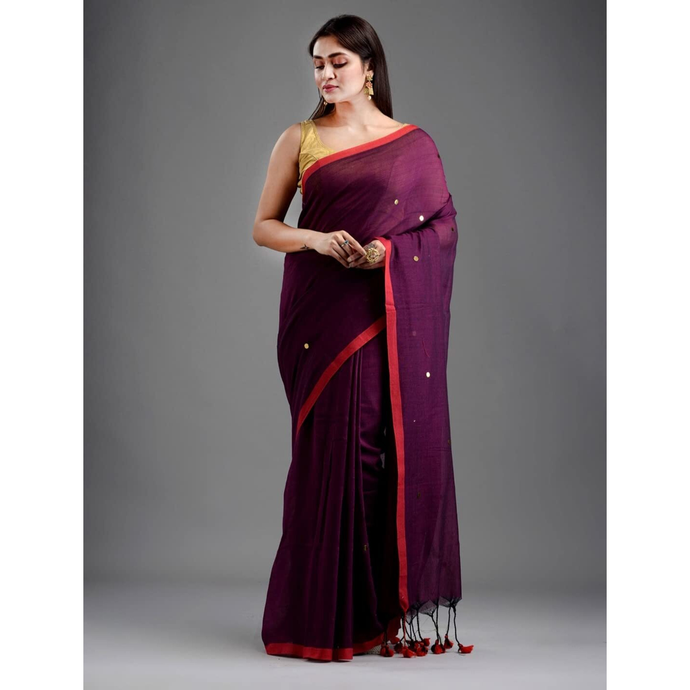 Laxmi Handloom Womens Traditional Bengal Handloom Pure Cotton Khadi Saree (Maroon)
