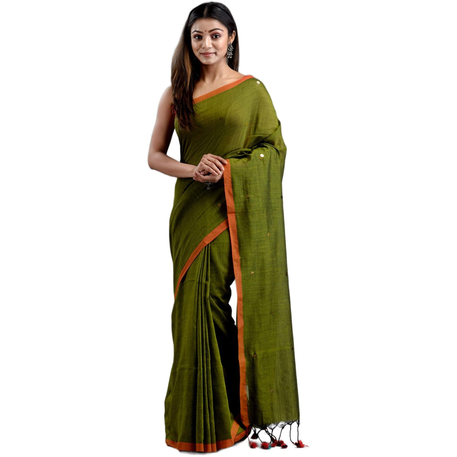 Laxmi Handloom Womens Traditional Bengal Handloom Pure Cotton Khadi Saree (Pista), Green