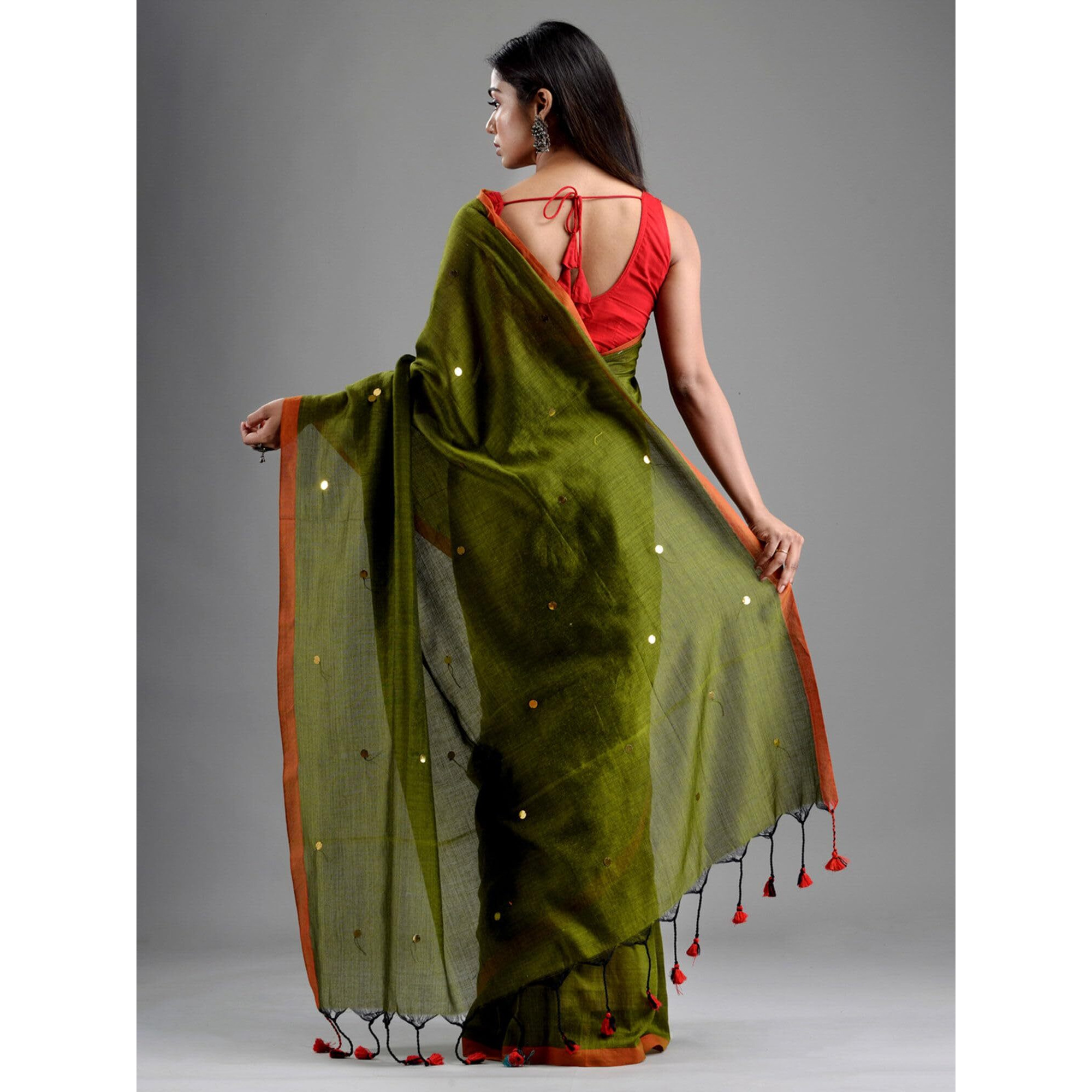 Laxmi Handloom Womens Traditional Bengal Handloom Pure Cotton Khadi Saree (Pista), Green