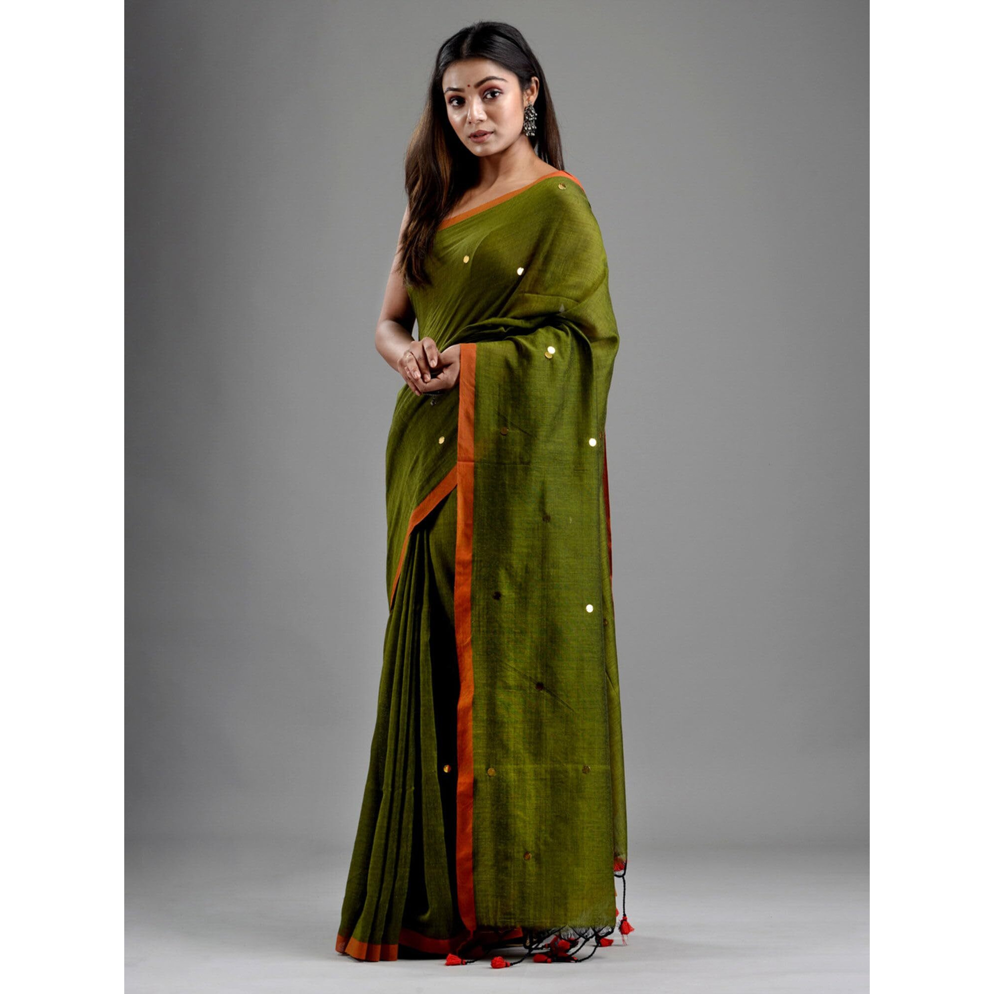 Laxmi Handloom Womens Traditional Bengal Handloom Pure Cotton Khadi Saree (Pista), Green