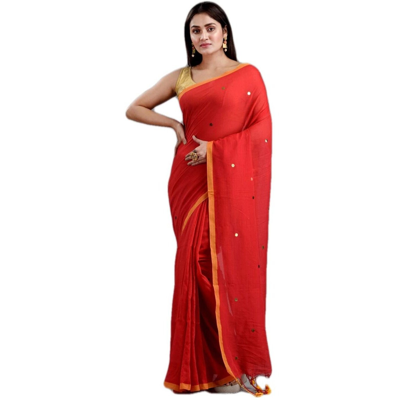Laxmi Handloom Womens Traditional Bengal Handloom Pure Cotton Khadi Saree (Red)