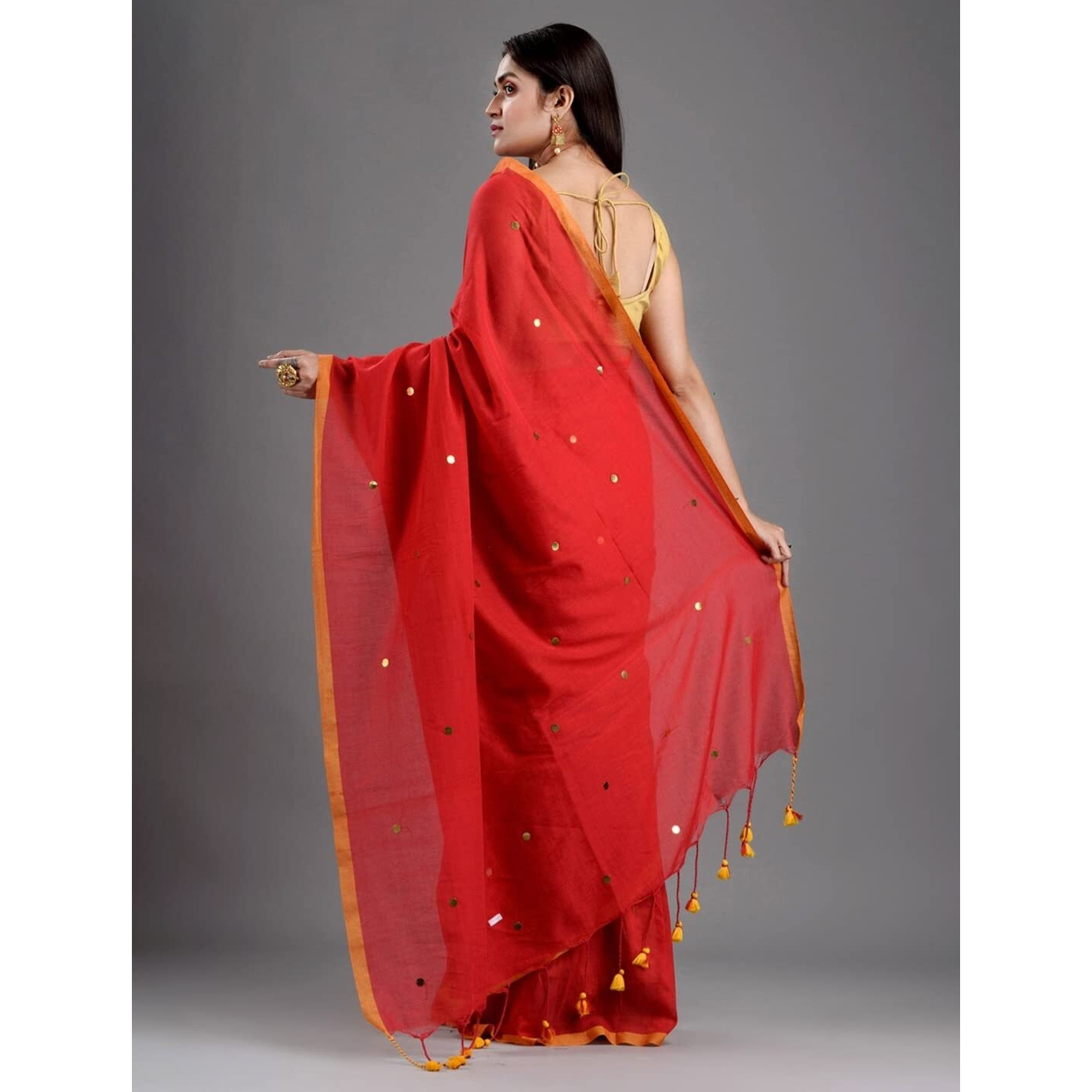 Laxmi Handloom Womens Traditional Bengal Handloom Pure Cotton Khadi Saree (Red)