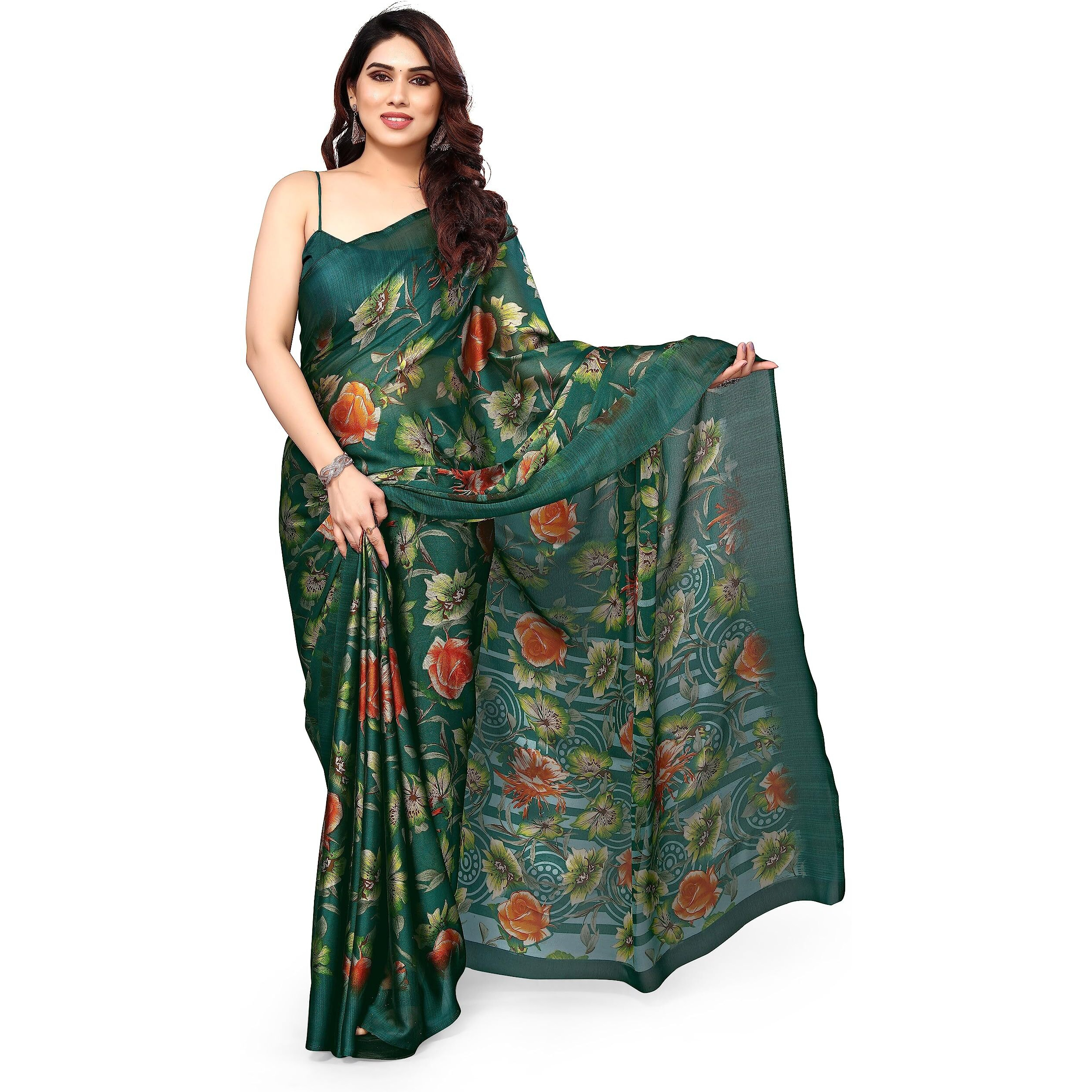 MIRCHI FASHION Womens Plain Weave Chiffon Floral Printed Saree with Blouse Piece (38692-Green, Orange)