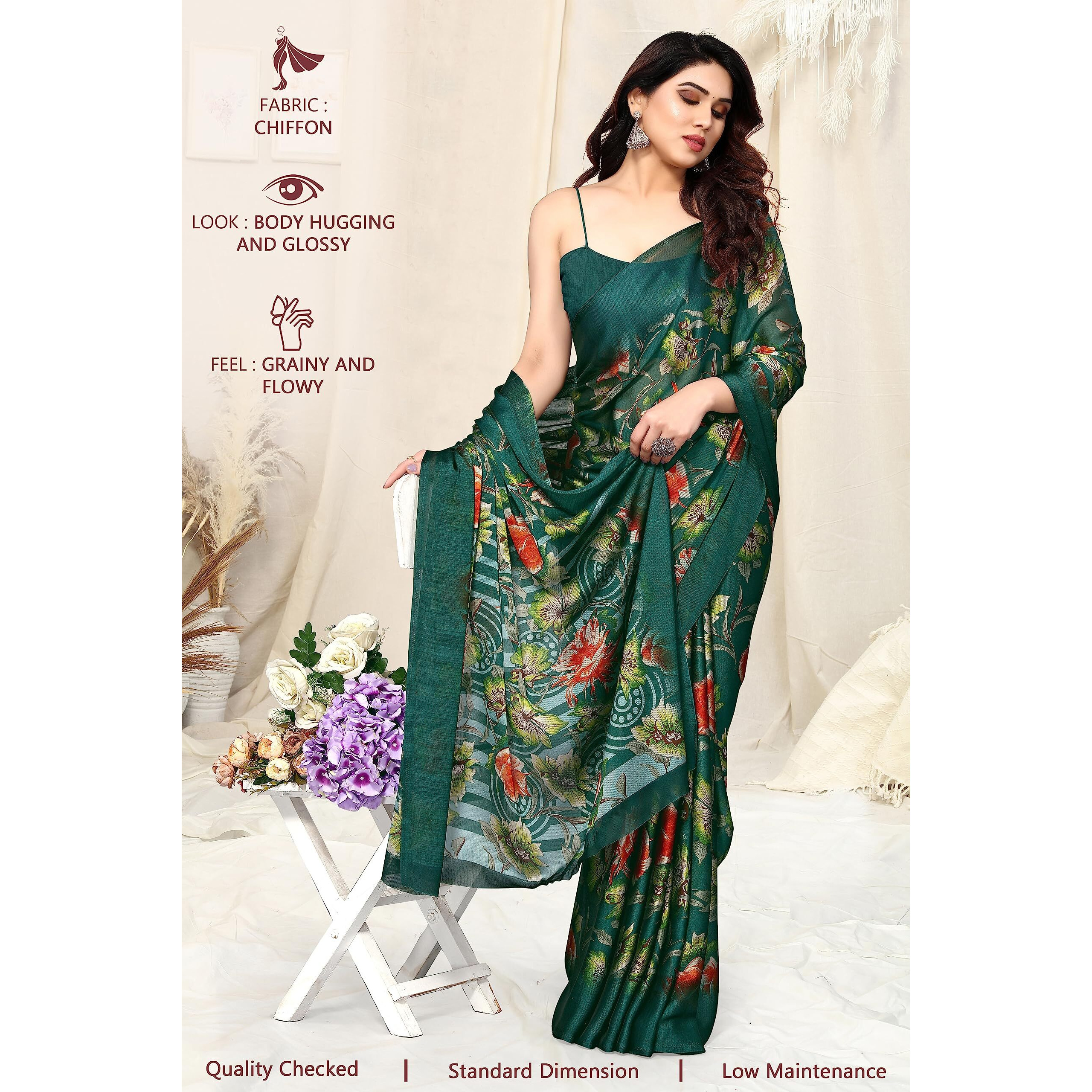 MIRCHI FASHION Womens Plain Weave Chiffon Floral Printed Saree with Blouse Piece (38692-Green, Orange)