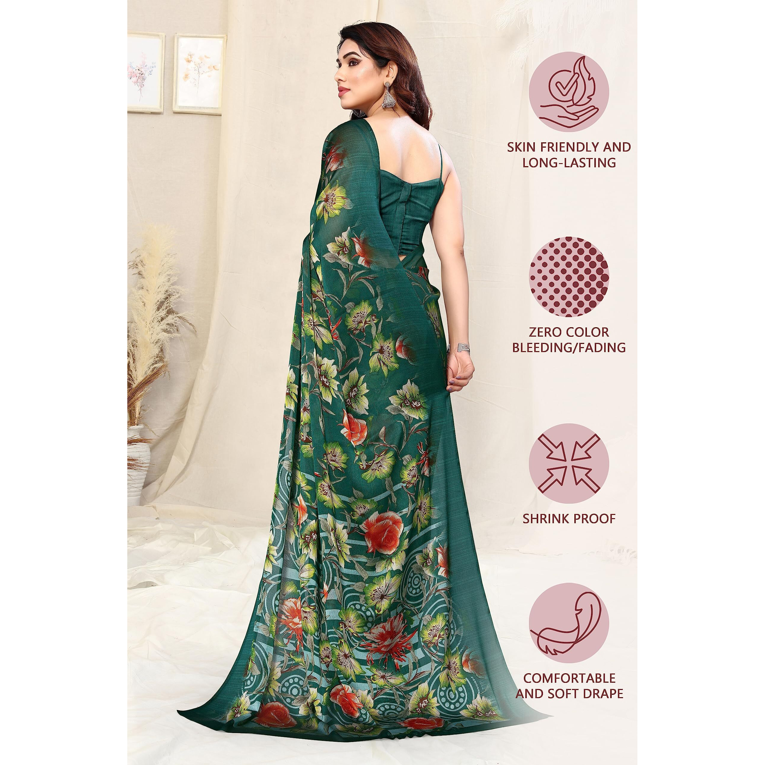 MIRCHI FASHION Womens Plain Weave Chiffon Floral Printed Saree with Blouse Piece (38692-Green, Orange)