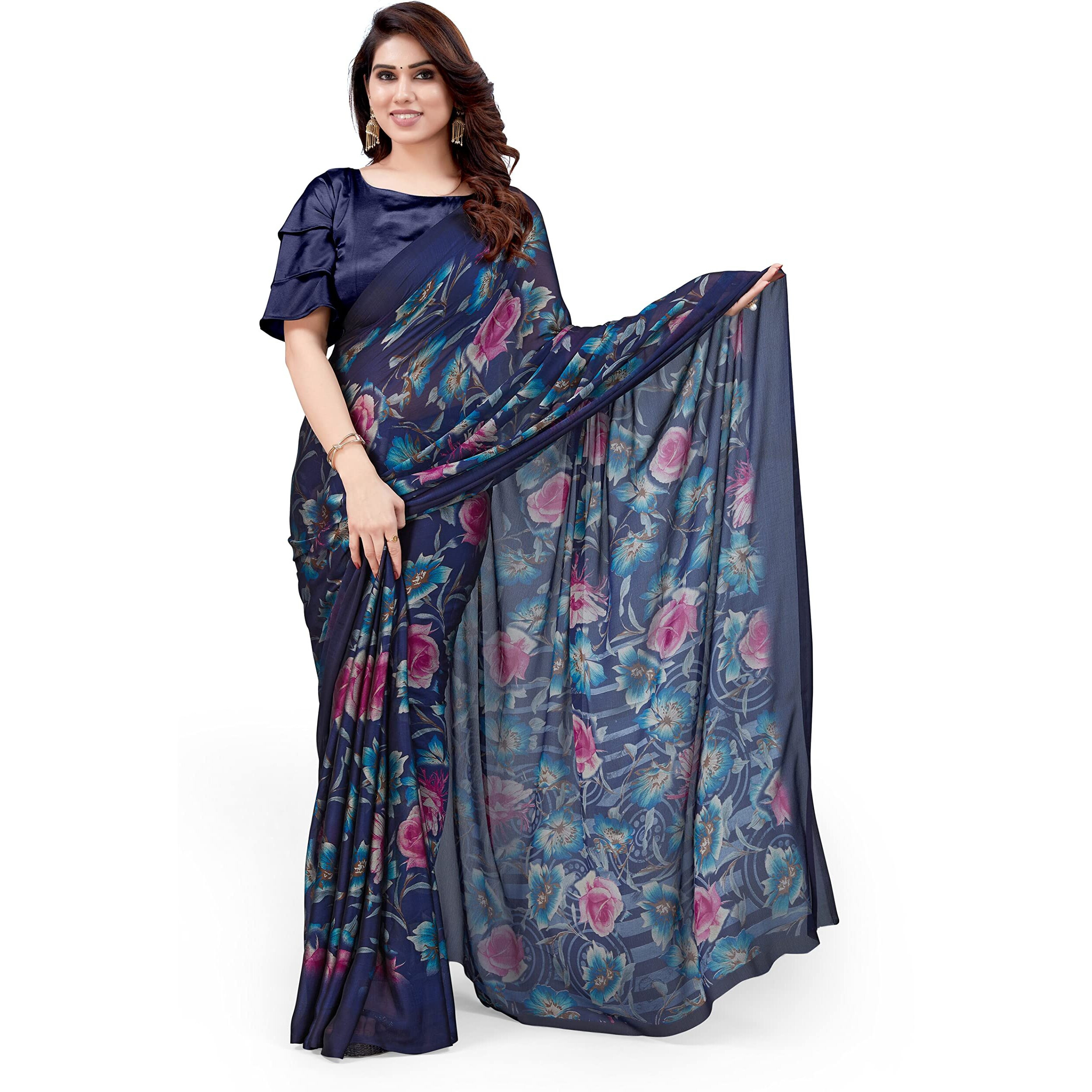MIRCHI FASHION Womens Plain Weave Chiffon Floral Printed Saree with Blouse Piece (37477-Navy Blue, Pink)