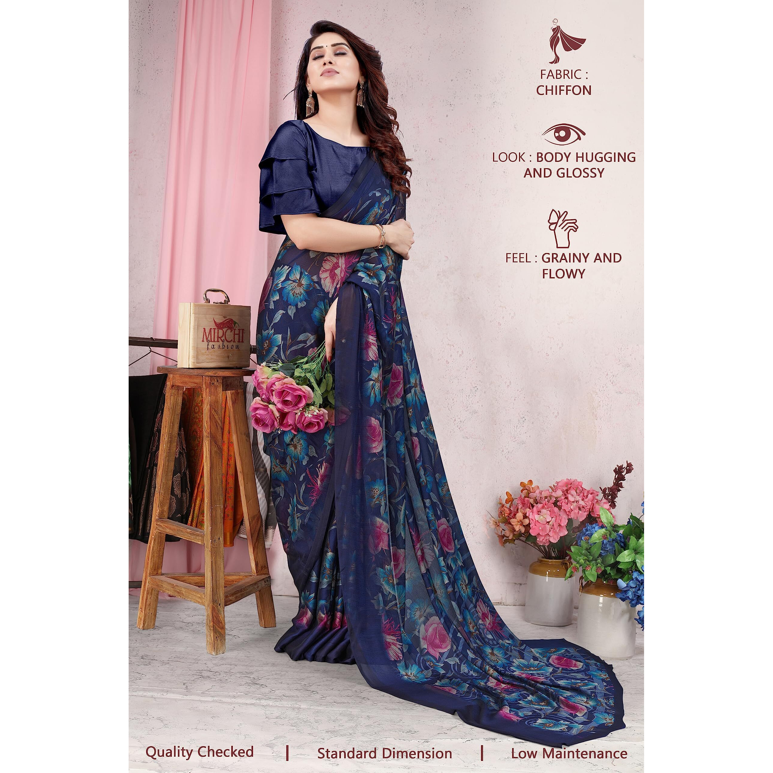 MIRCHI FASHION Womens Plain Weave Chiffon Floral Printed Saree with Blouse Piece (37477-Navy Blue, Pink)