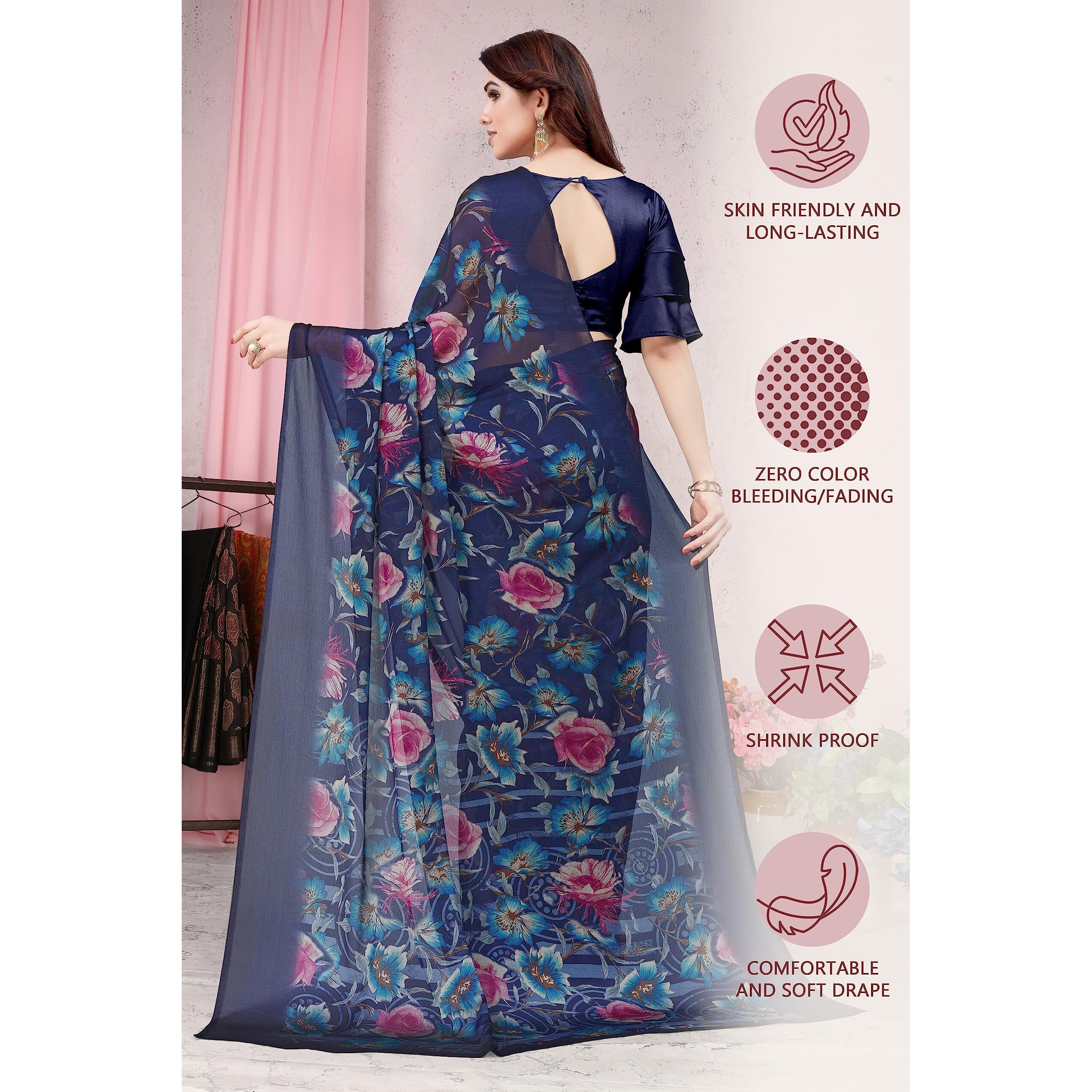 MIRCHI FASHION Womens Plain Weave Chiffon Floral Printed Saree with Blouse Piece (37477-Navy Blue, Pink)